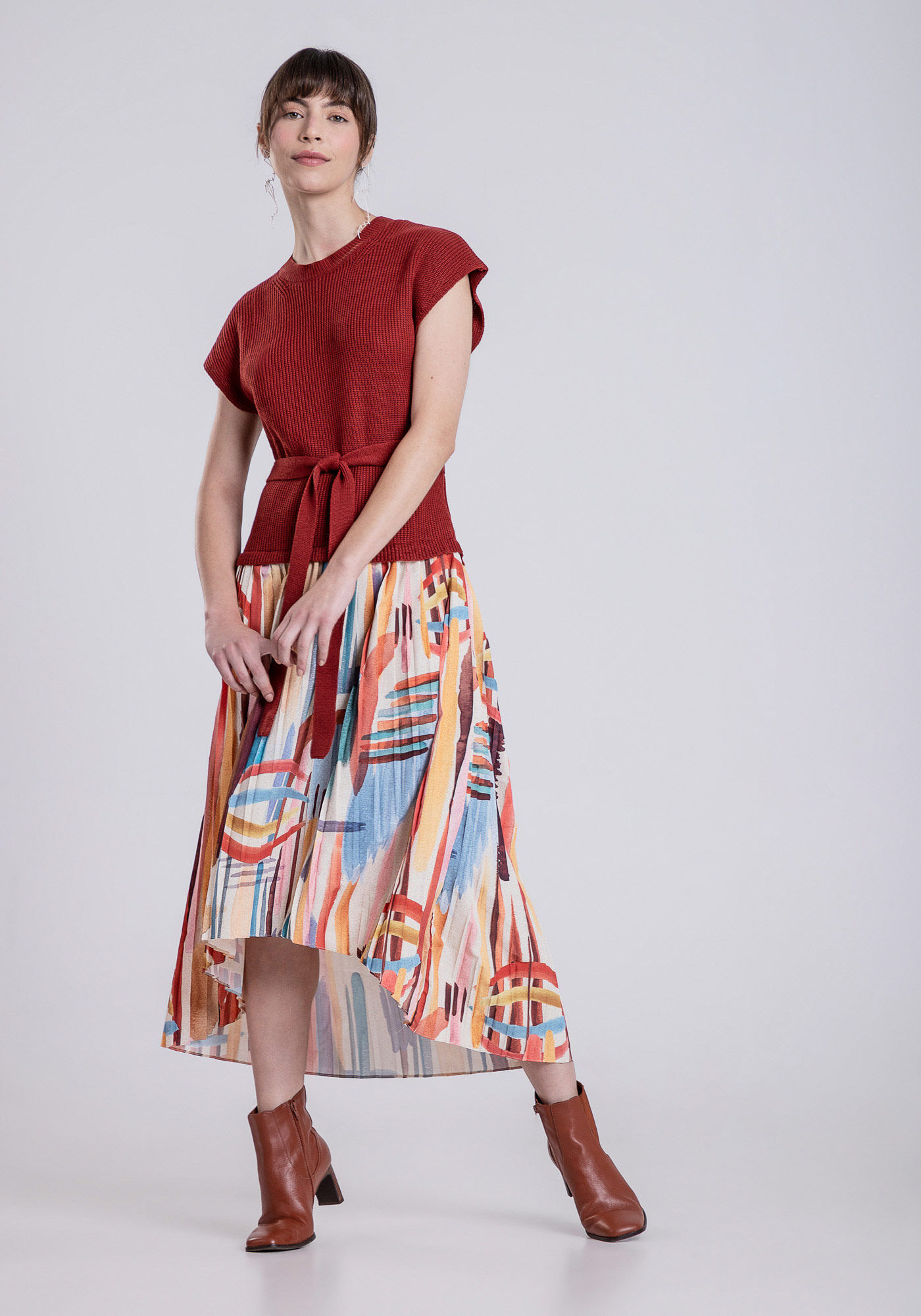 Vestido Midi em Tecido e Tric&ocirc; com Plissado, , large.