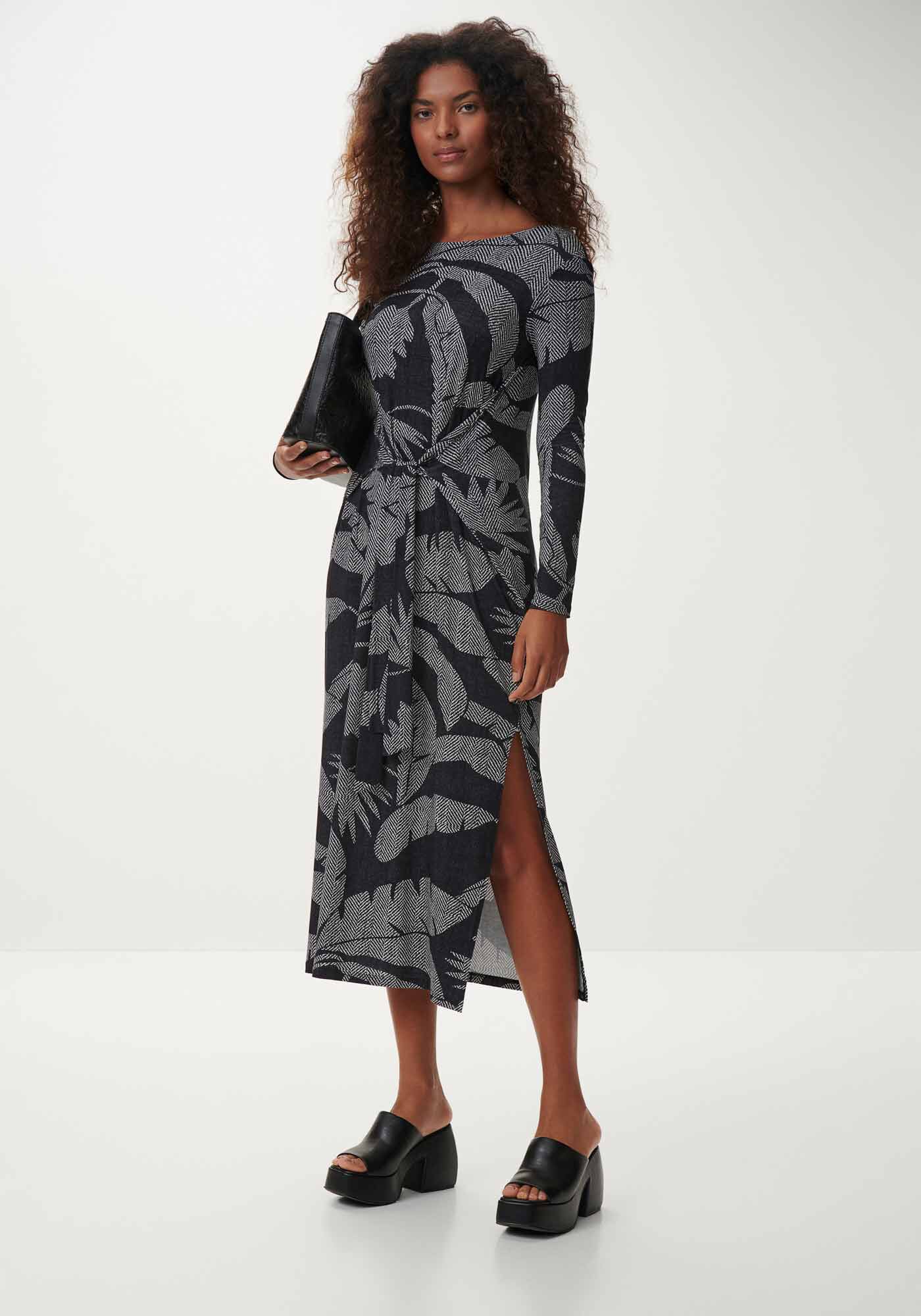 Vestido Midi Manga Longa Estampado com Faixa, , large.