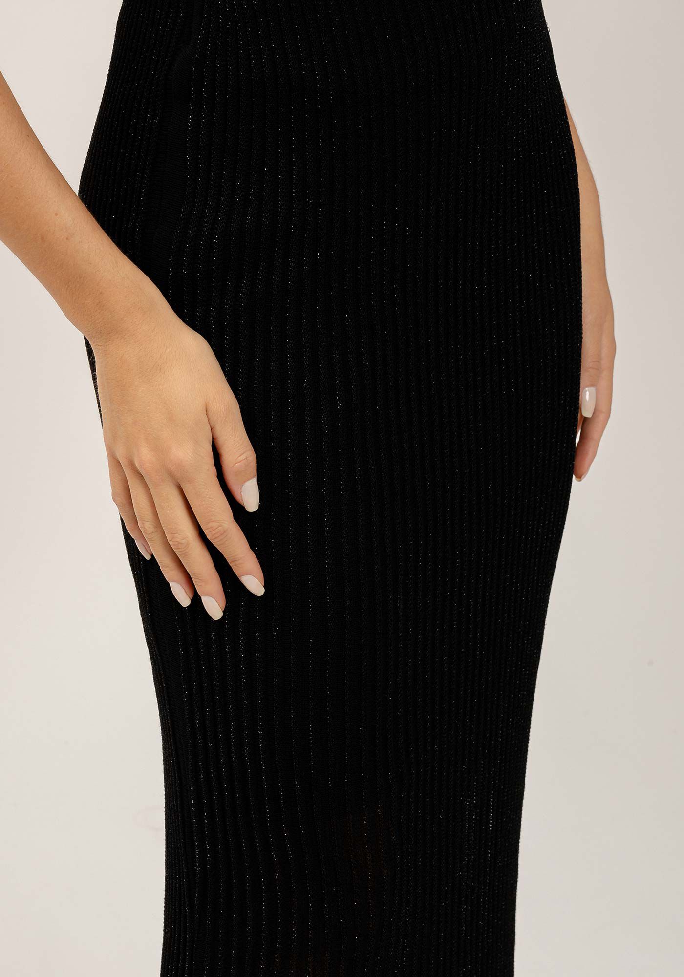 Saia Longa em Tric&ocirc; Lurex com Cintura Alta, PRETO REATIVO, large.