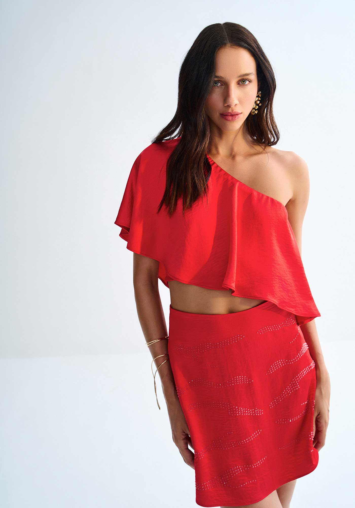 Blusa Cropped Um Ombro S&oacute; com Babado Sobreposto, VERMELHO REDDISH, large.