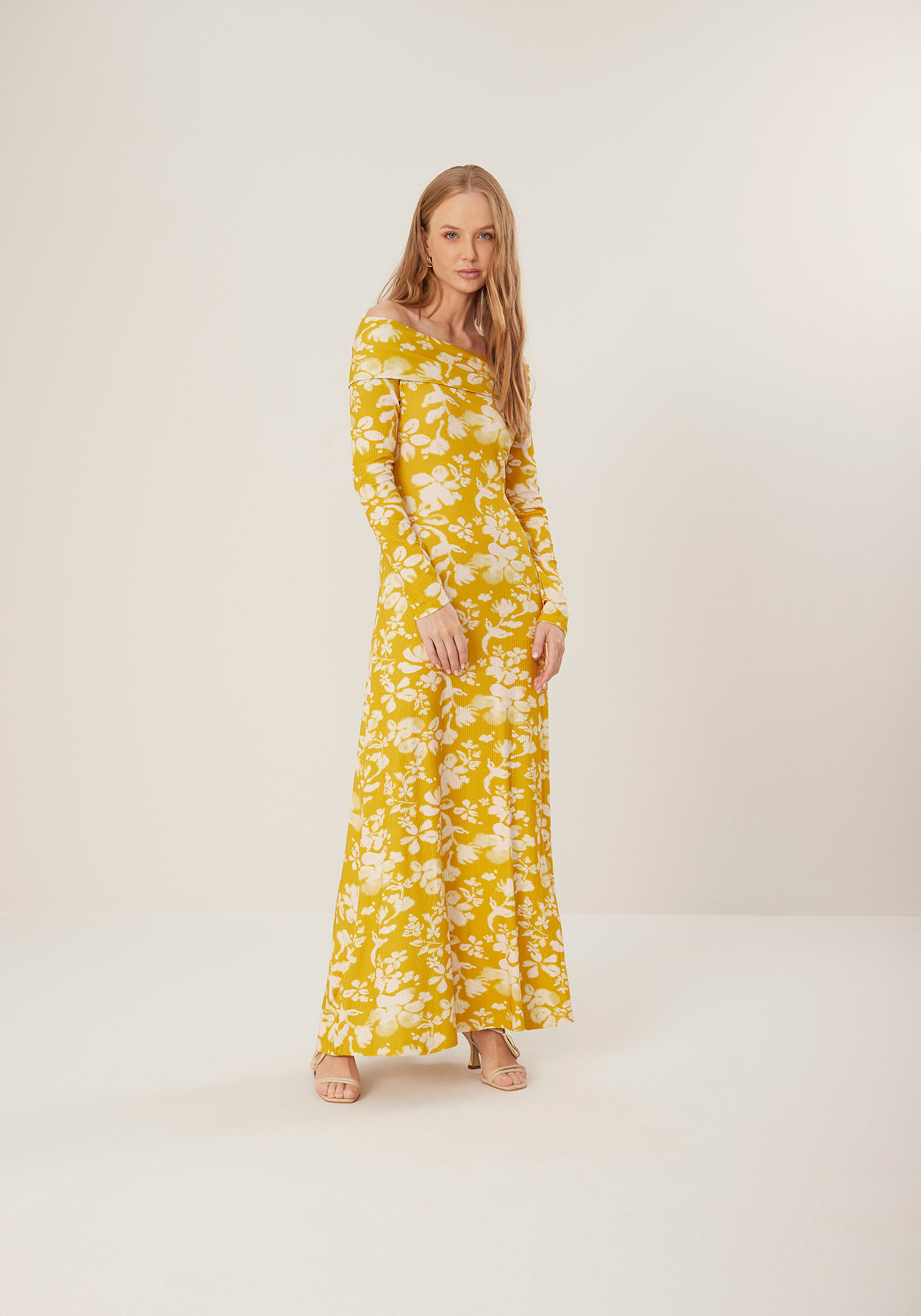 Vestido Longo Ombro A Ombro Estampado Em Malha Canelada, , large.