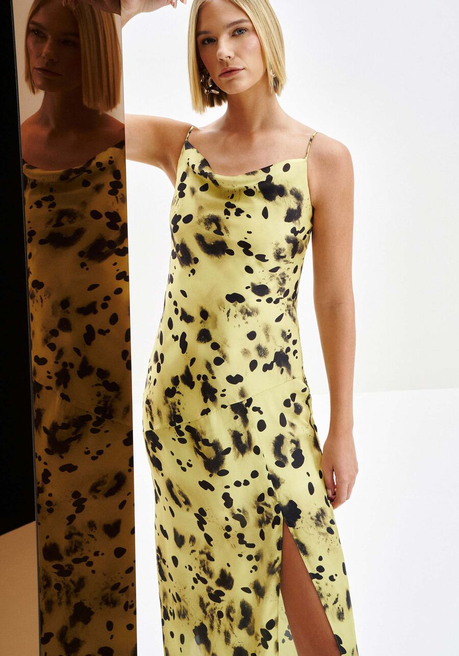 Vestido Midi Estampado em Chiffon com Fenda, SPLASH. Vestido Midi Estampado em Chiffon com Fenda, SPLASH, large.