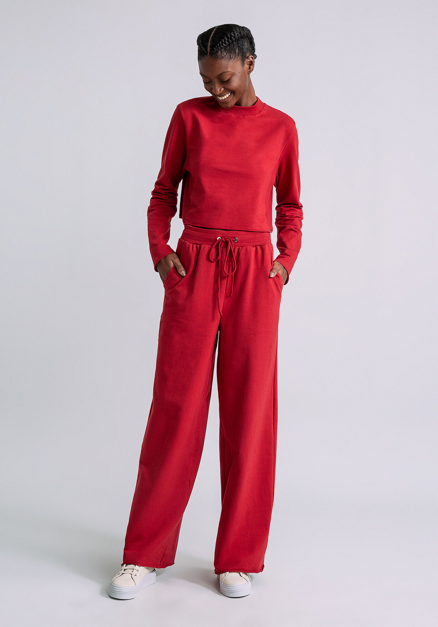 Conjunto Blus&atilde;o Cropped e Cal&ccedil;a, VERMELHO, large.