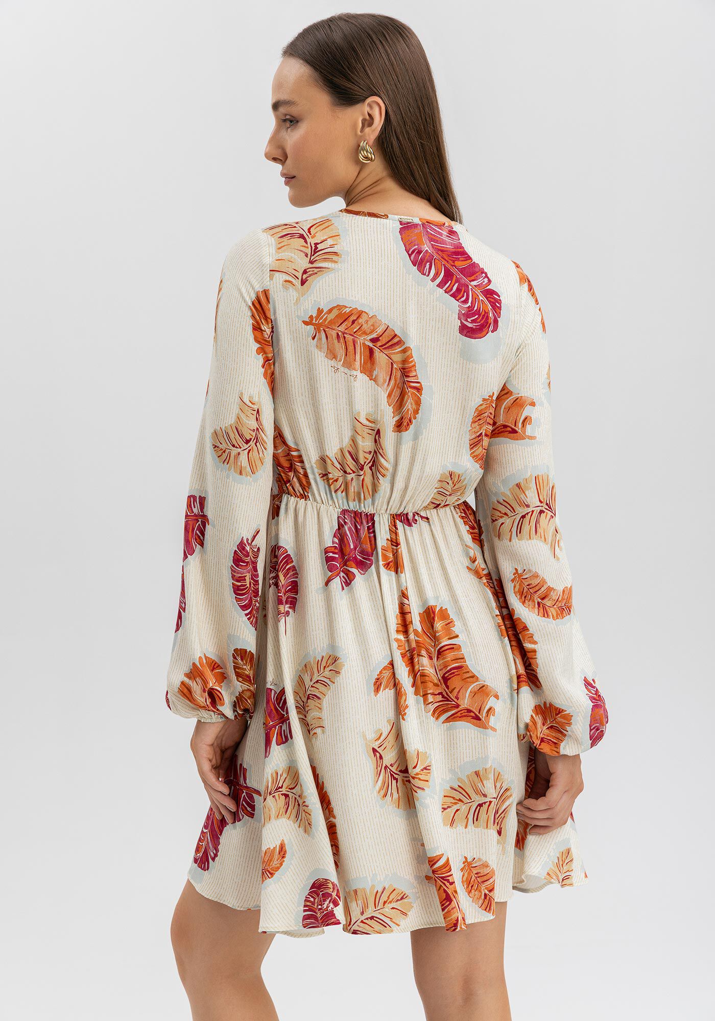 Vestido Curto Estampado Com Mangas Longas E Detalhe De N&oacute;, BANANEIRA BEGE, large.