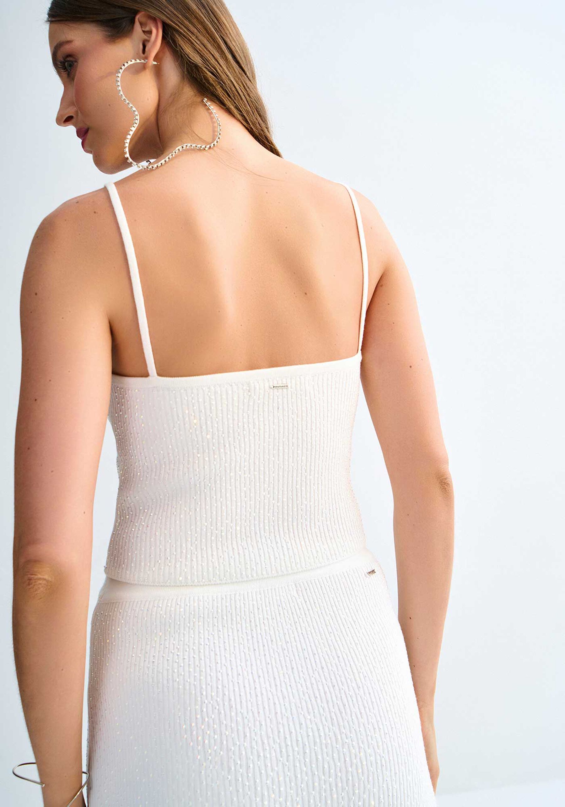 Blusa Decote Reto em Tricô com Strass, BRANCO OFF WHITE. Blusa Decote Reto em Tricô com Strass, BRANCO OFF WHITE, large.