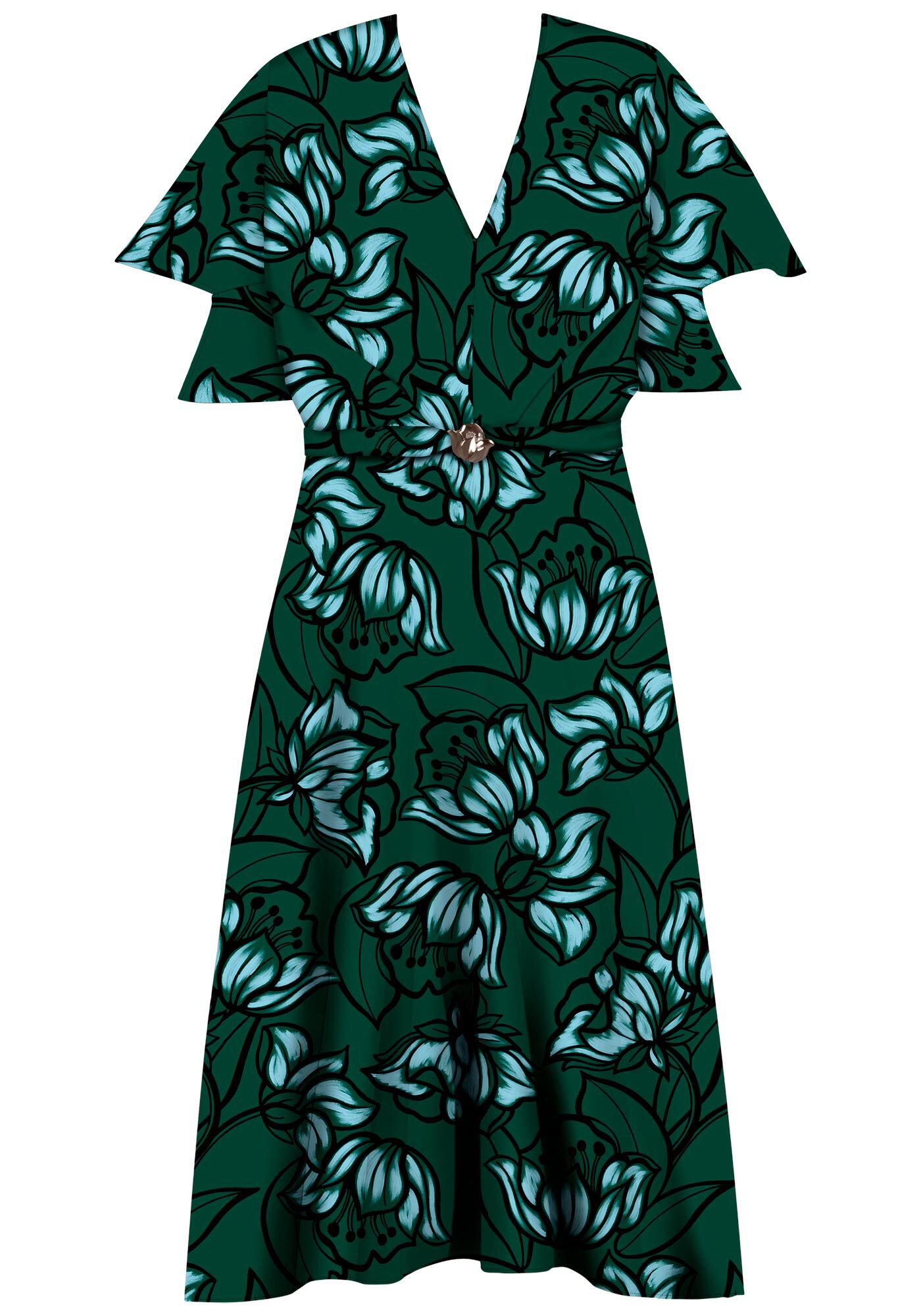 Vestido Estampado Midi Ch&aacute; Com Mangas M&eacute;dias E Cinto Em Viscose, , large.