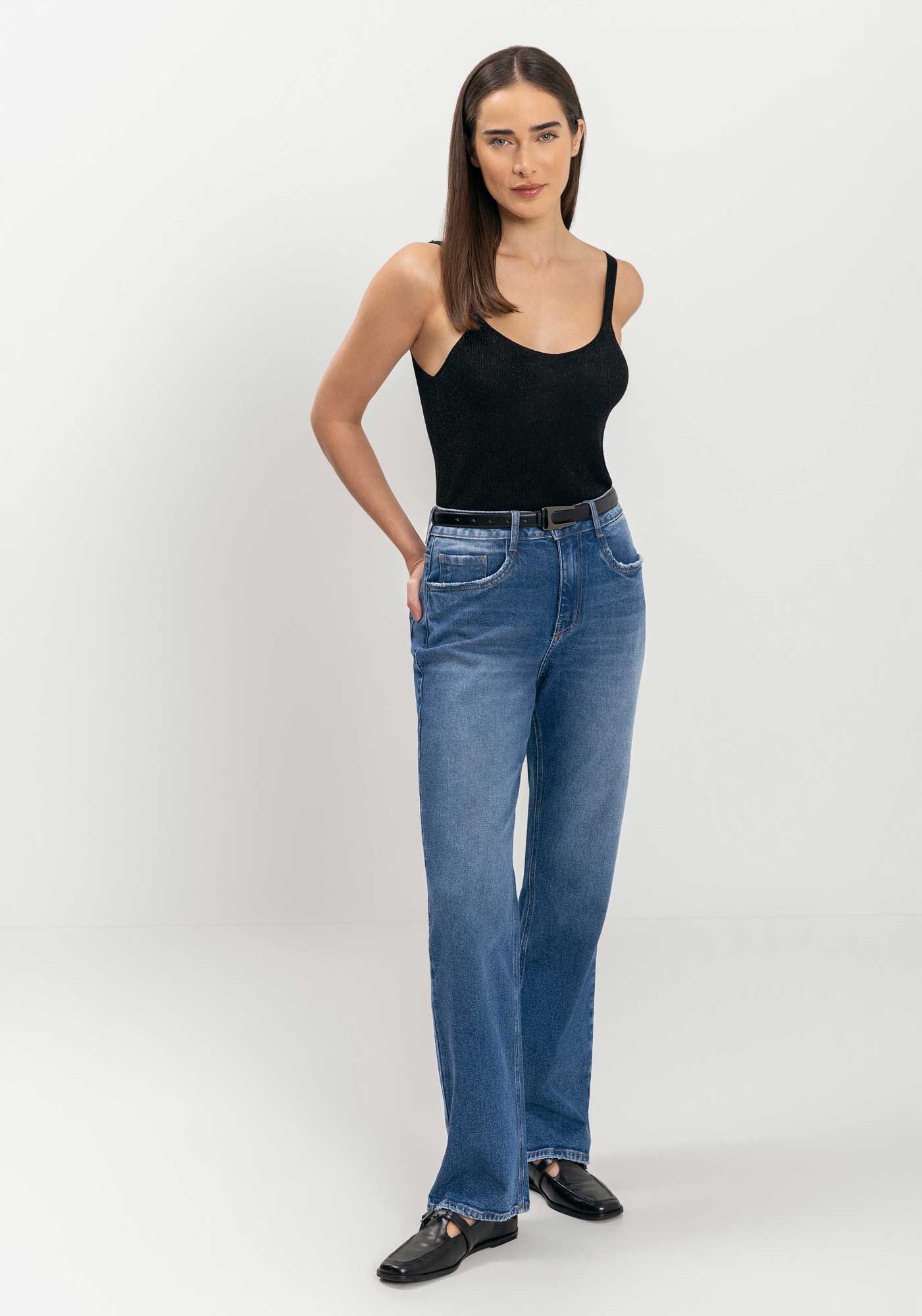 Cal&ccedil;a Reta Jeans Com Elastano E Cintura Alta, JEANS ESCURO, large.