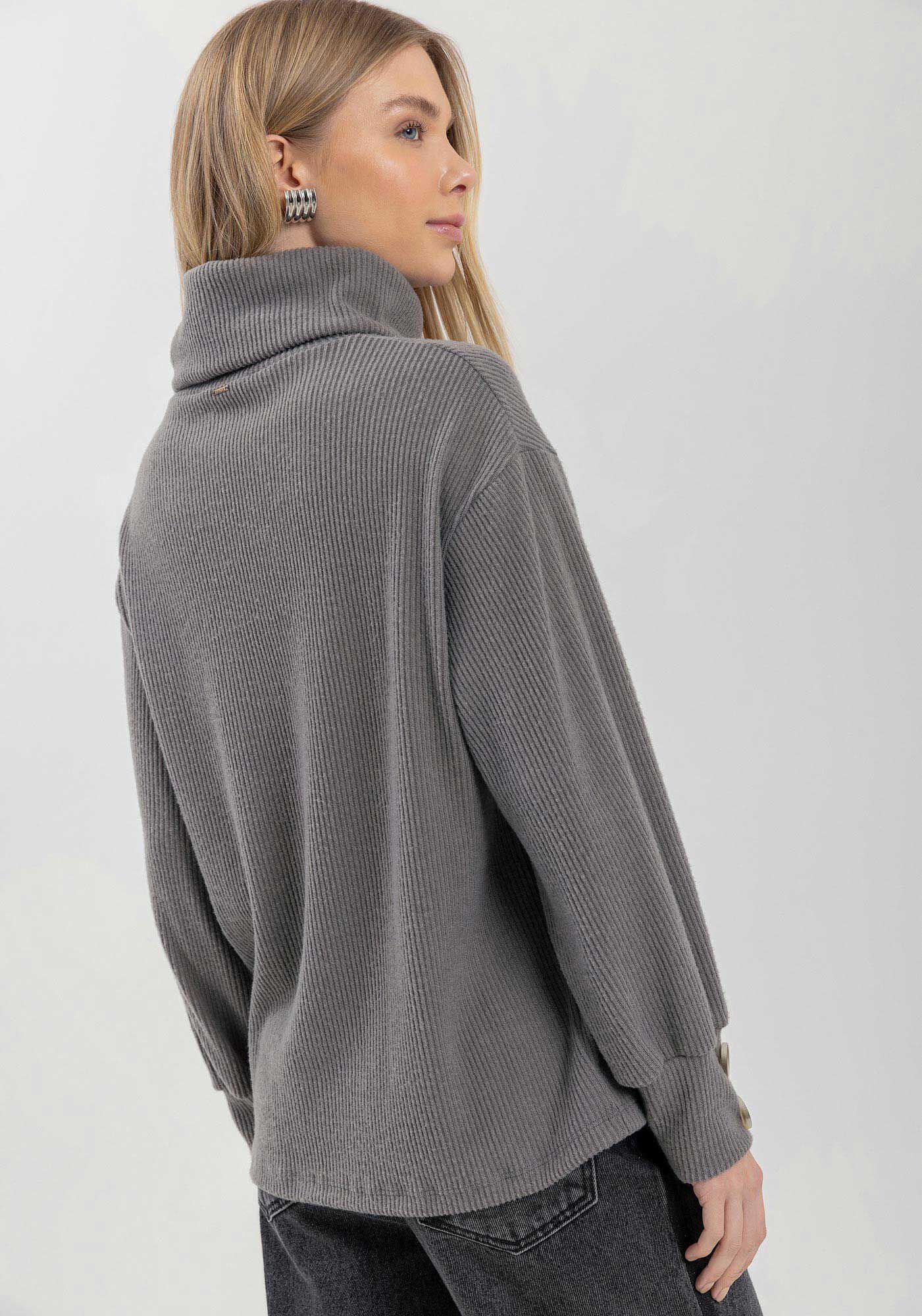 Blusa De Mangas Longas Em Malha Canelada Com Gola Alta, , large.