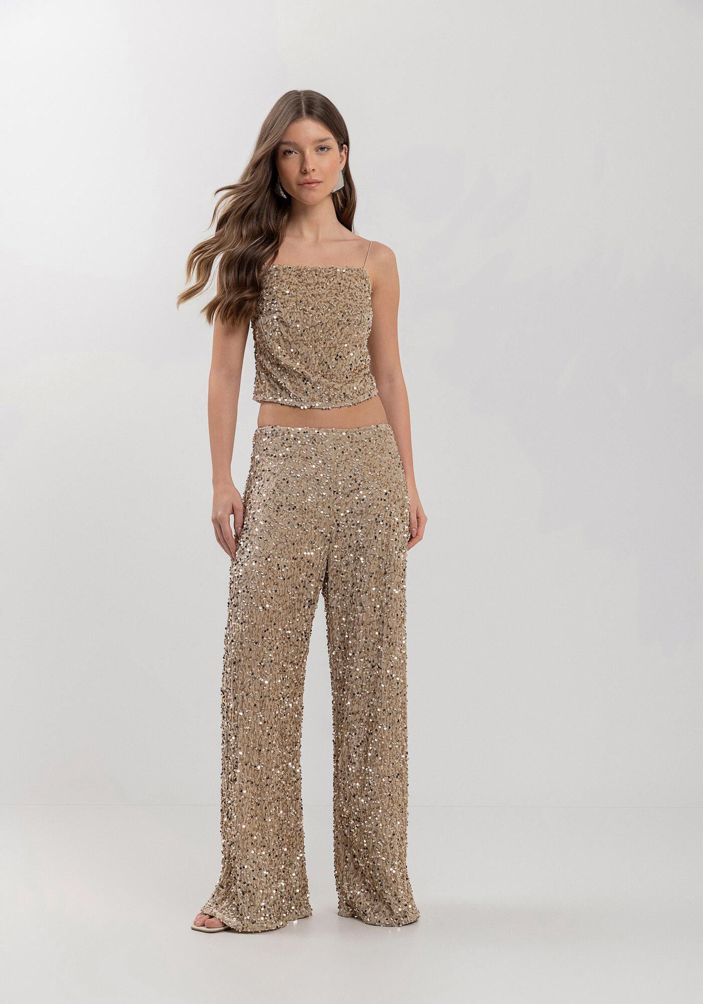 Blusa Curta De Al&ccedil;as Em Malha De Veludo Com Paet&ecirc;s, BEGE CENTURY, large.