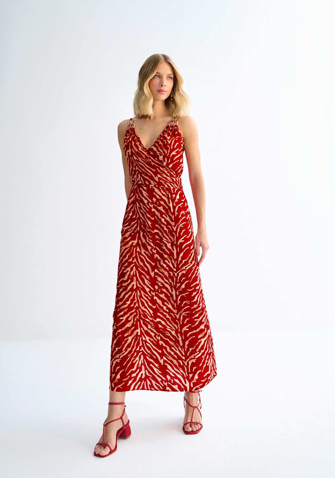 Vestido Midi Transpassado Estampado, SAND VERMELHO, large.