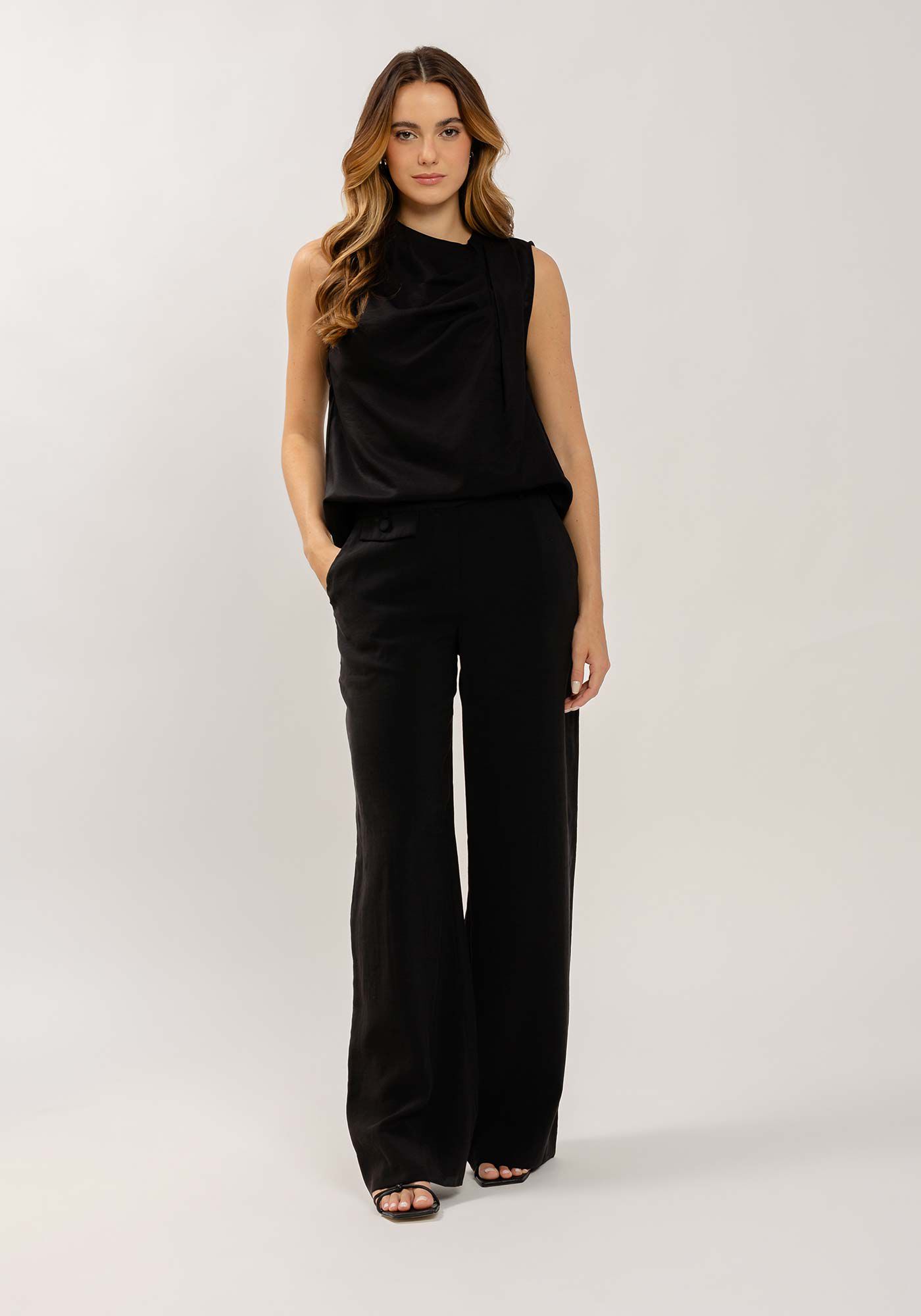 Blusa em Algod&atilde;o com Pregas Assim&eacute;tricas, PRETO REATIVO, large.