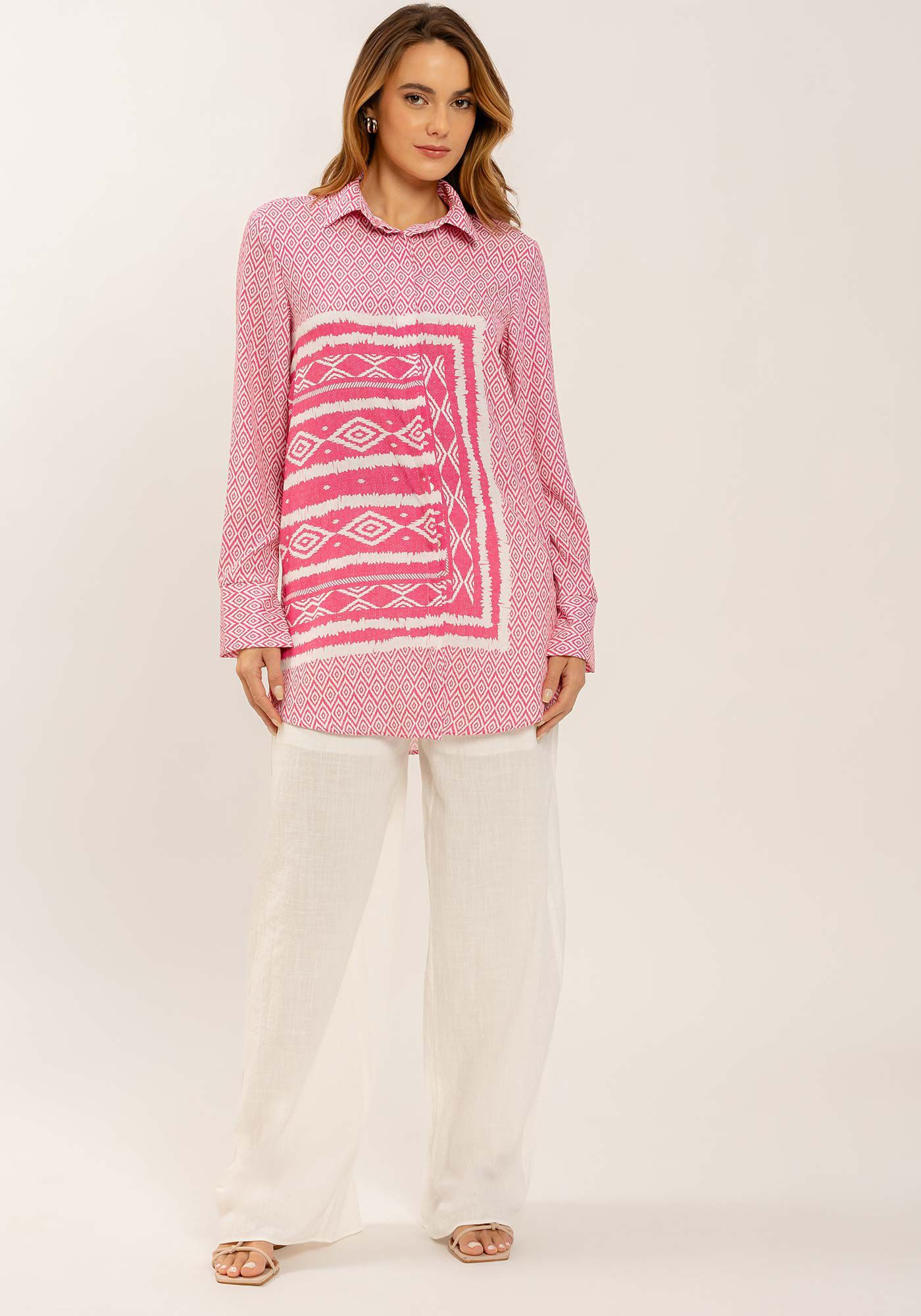 Camisa Alongada Manga Longa com Estampa Len&ccedil;o, MAXI TRAMA, large.