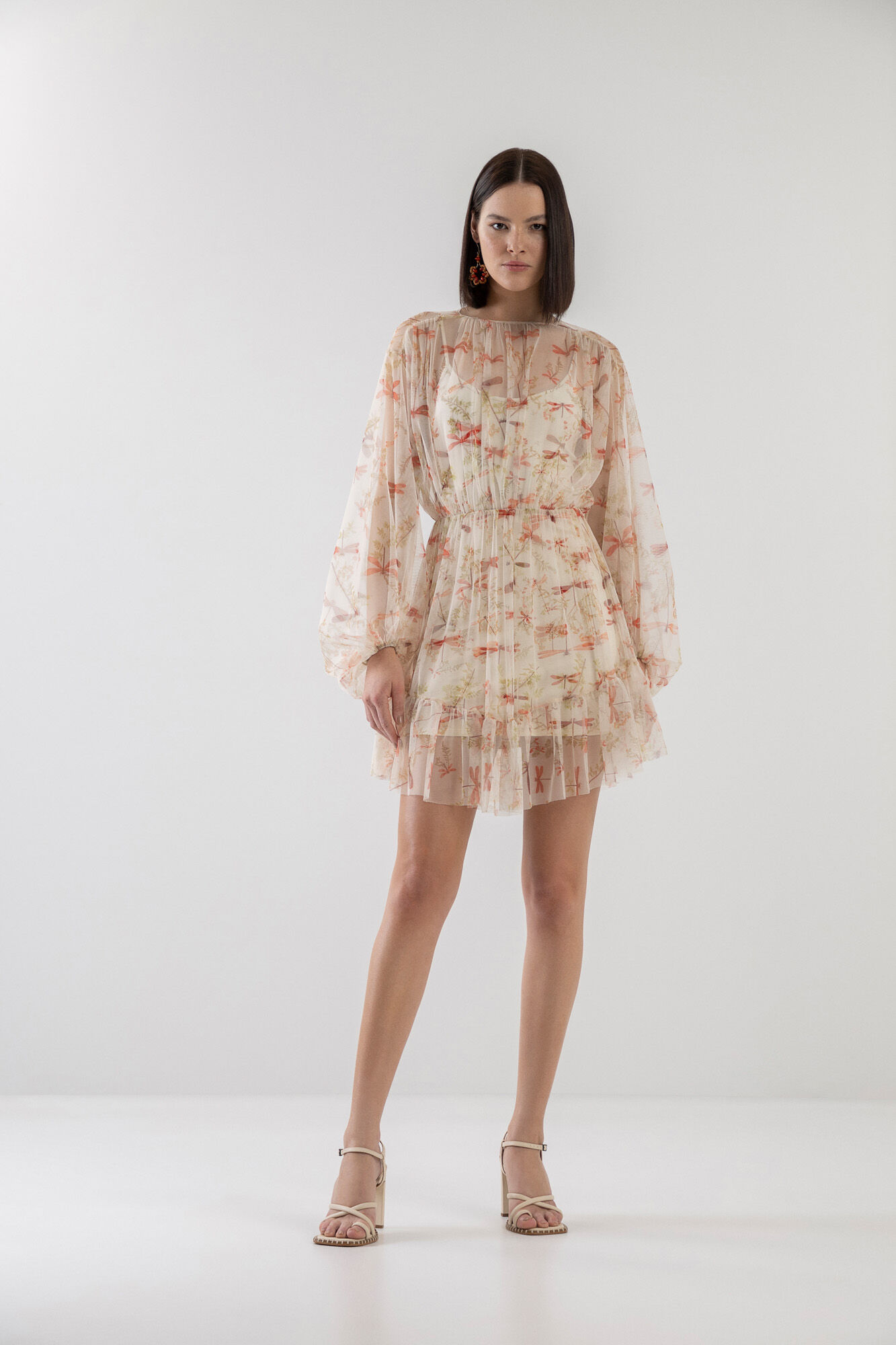 Vestido Curto Manga Longa em Tule Estampado, LIBELULAS, large.