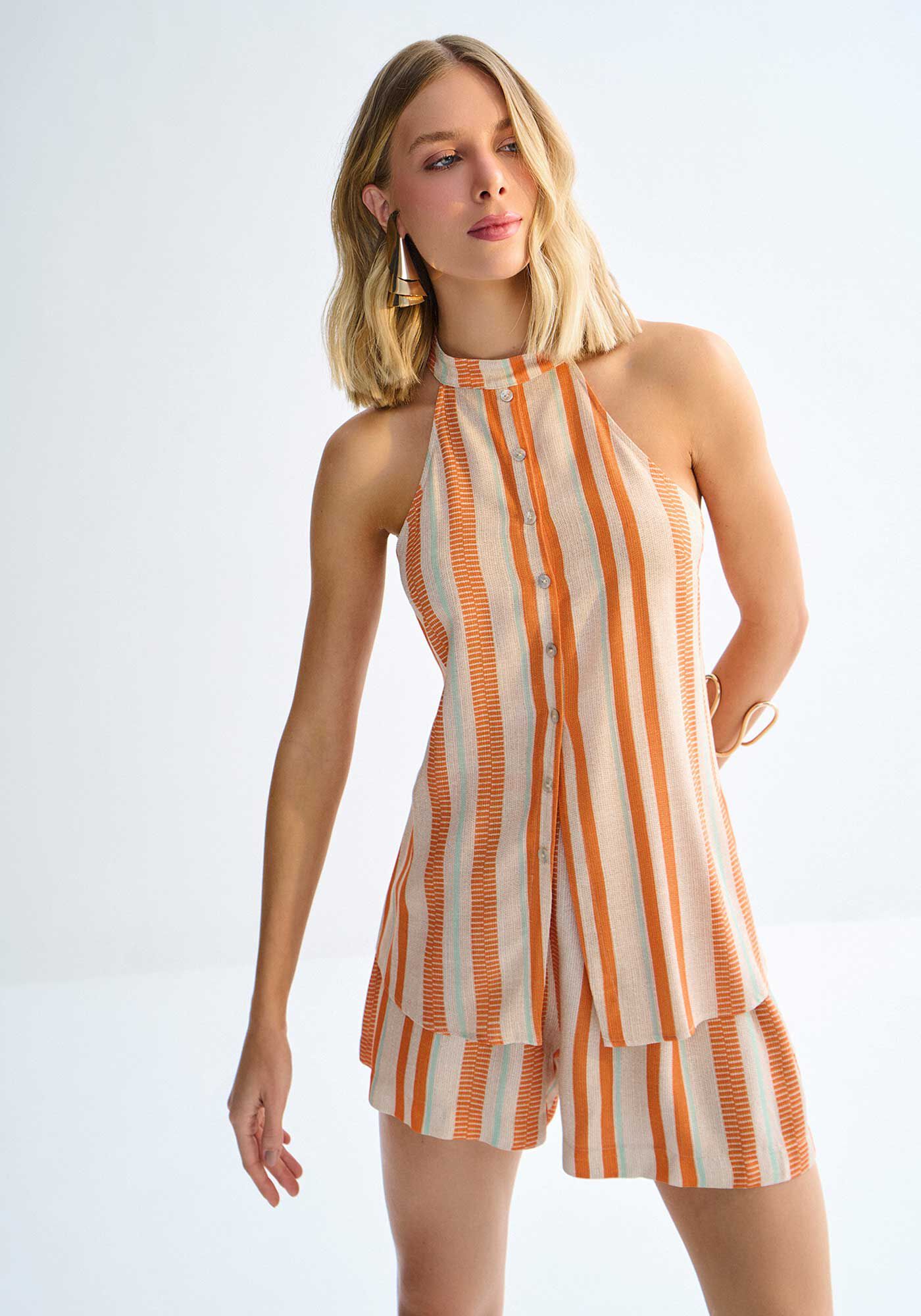 Blusa Alongada Halter Neck Estampada com Gola Alta, , large.