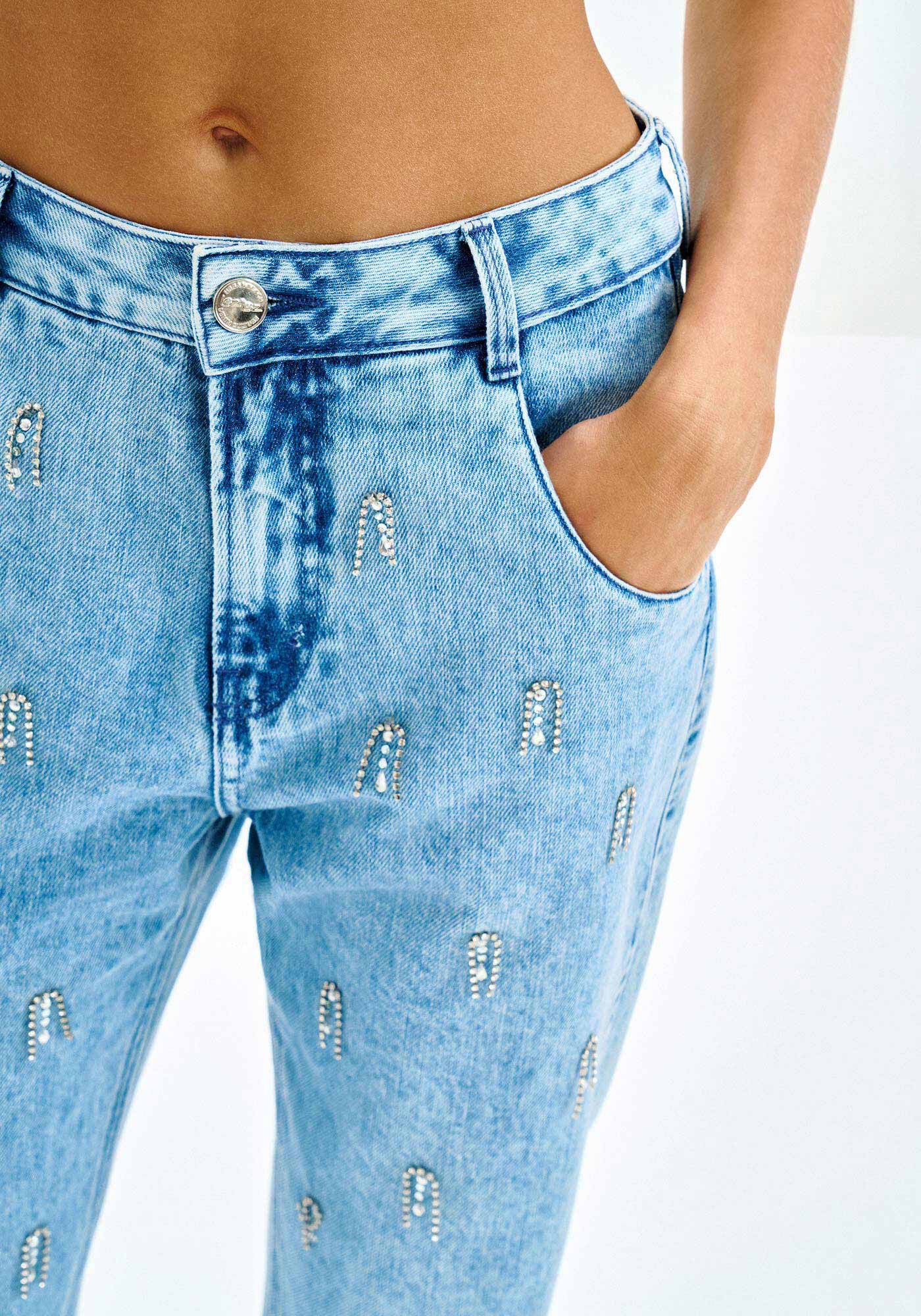 Cal&ccedil;a Jeans Mom Cintura Alta com Strass, JEANS, large.