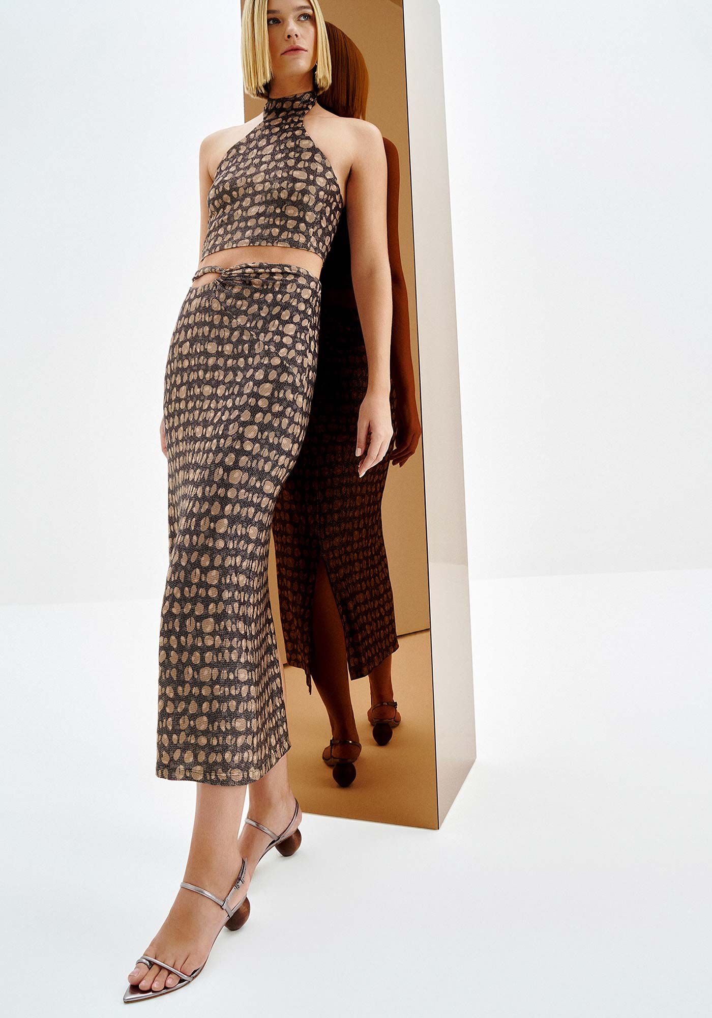 Saia Midi Animal Print em Malha Brilho com Cut, PANTHER, large.