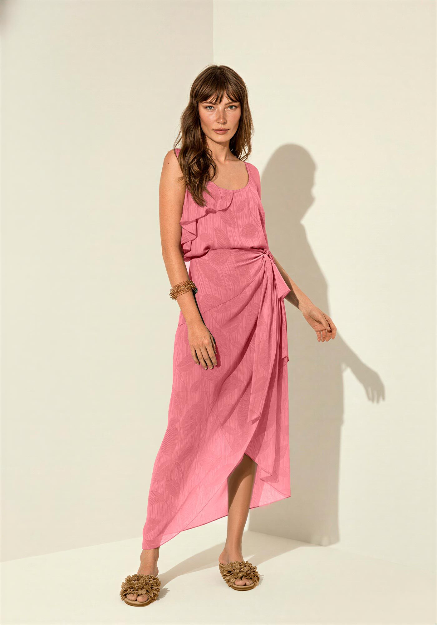 Blusa De Al&ccedil;as Finas Estampada Com Babado Lateral, GREEN LEAF ROSA, large.