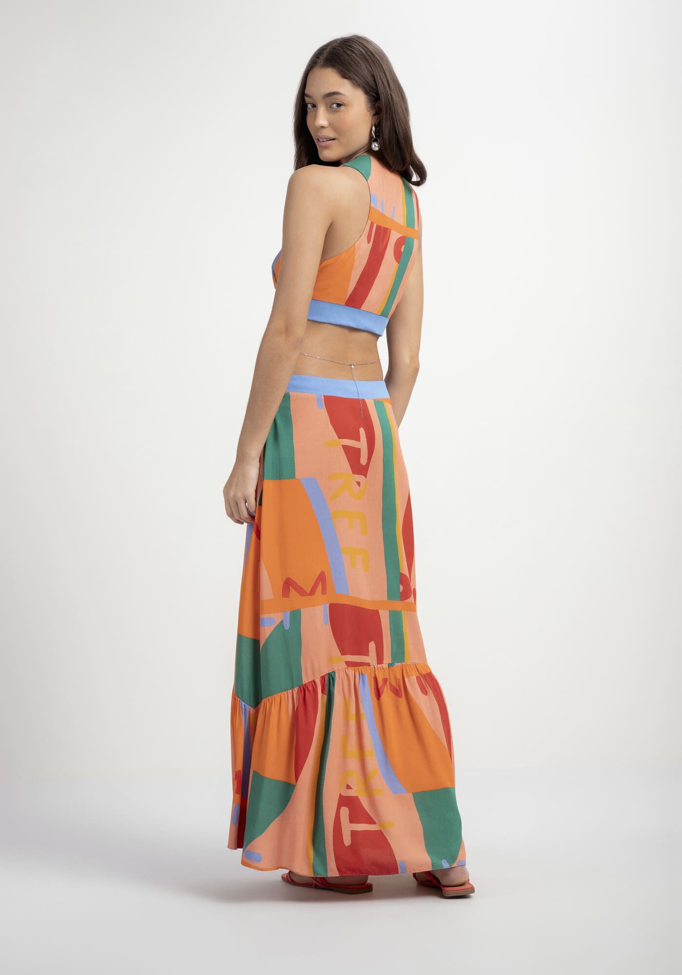 Vestido Longo Viscose com Cut Out e Corrente, , large.