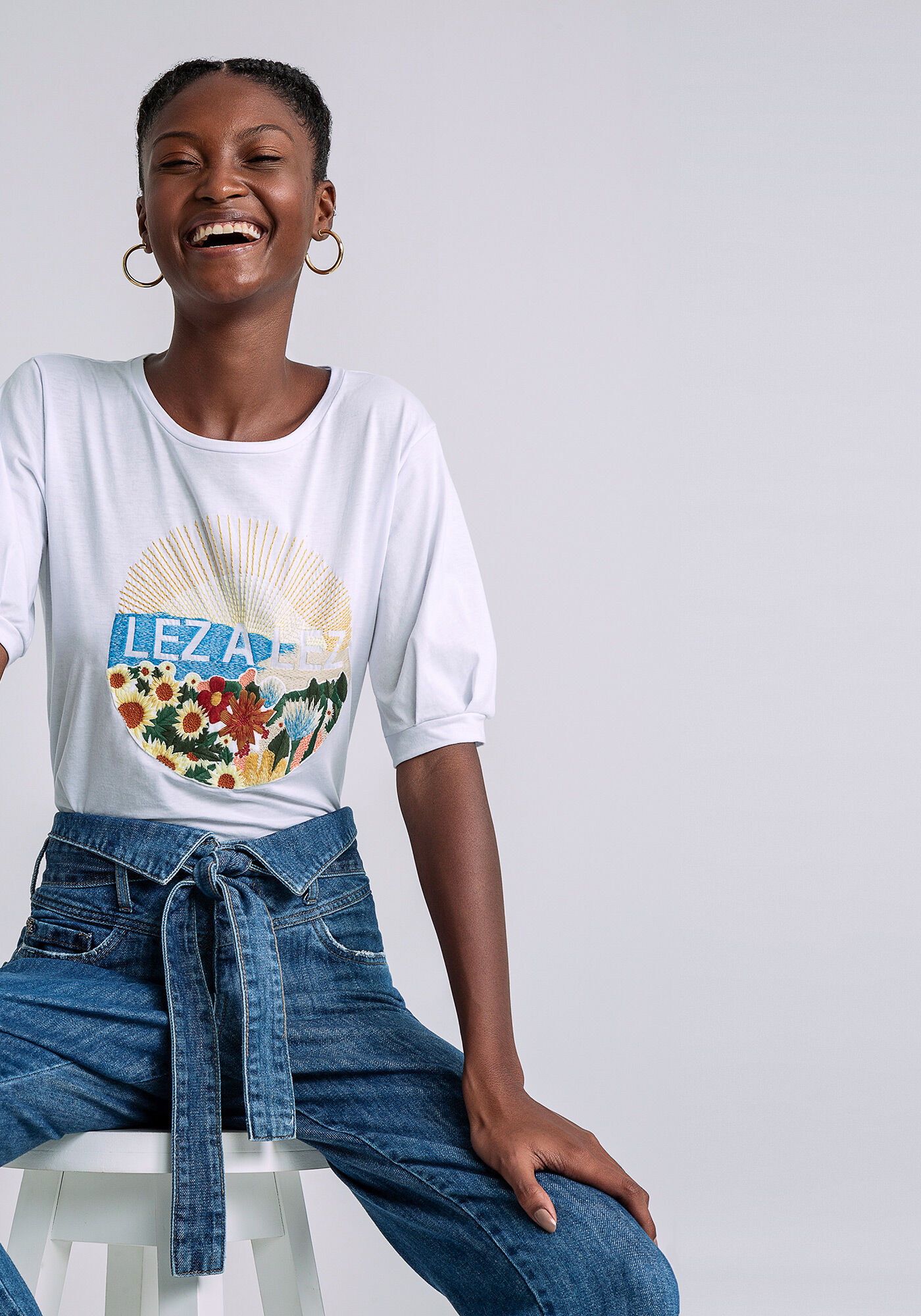 T-shirt Manga Bufante Estampada, BRANCO, large.