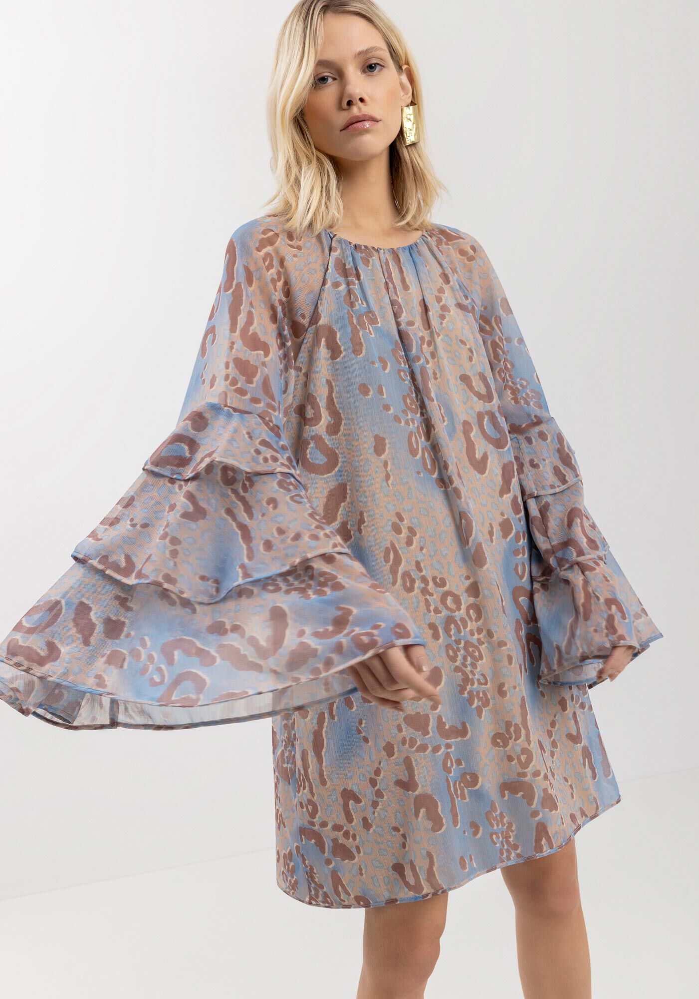 Vestido Curto Estampado Com Babados Nas Mangas, SAVAGE BEGE, large.