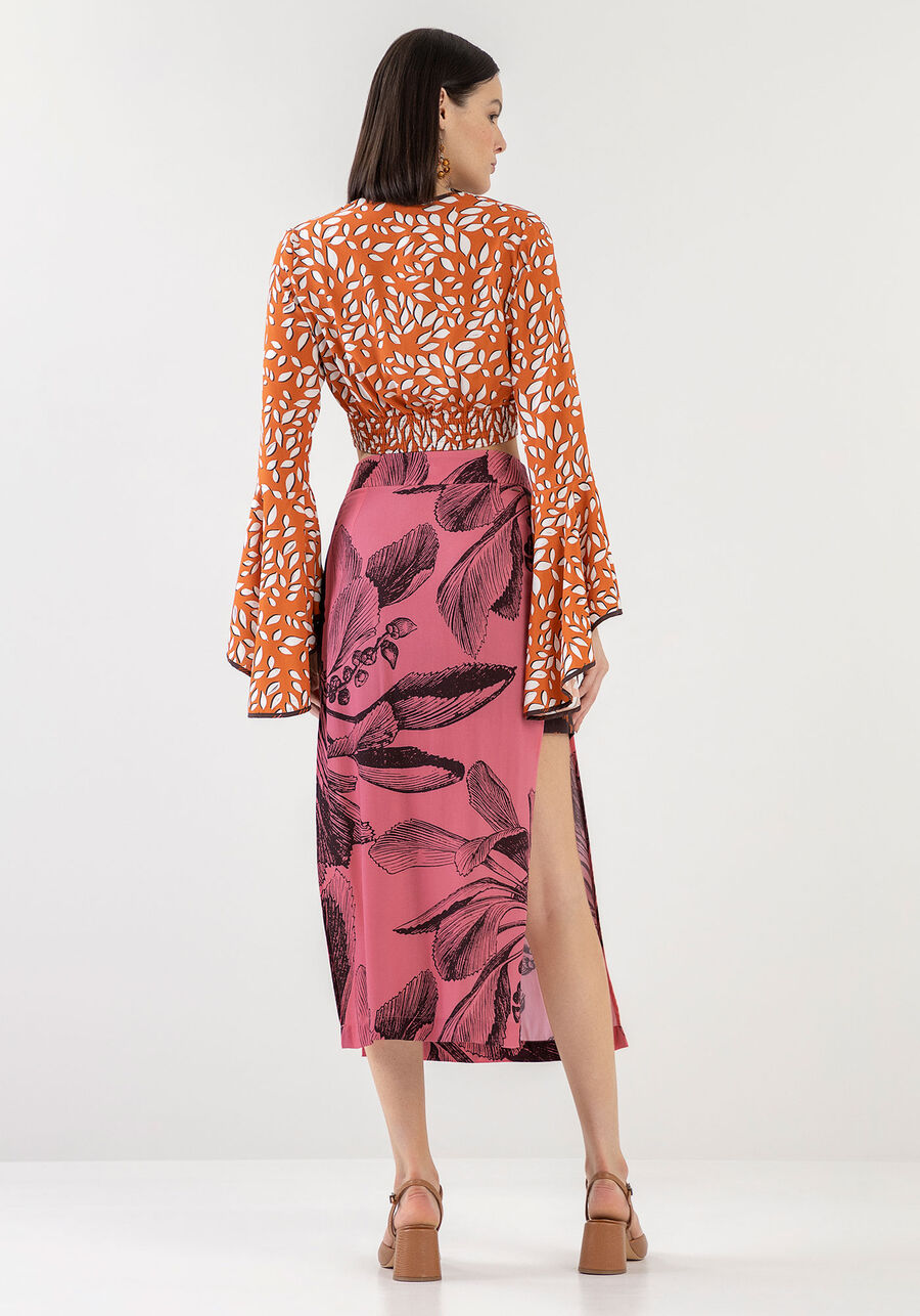 Saia Midi Estampada em Viscose Sobreposta, DOSSEL. Saia Midi Estampada em Viscose Sobreposta, DOSSEL, large.