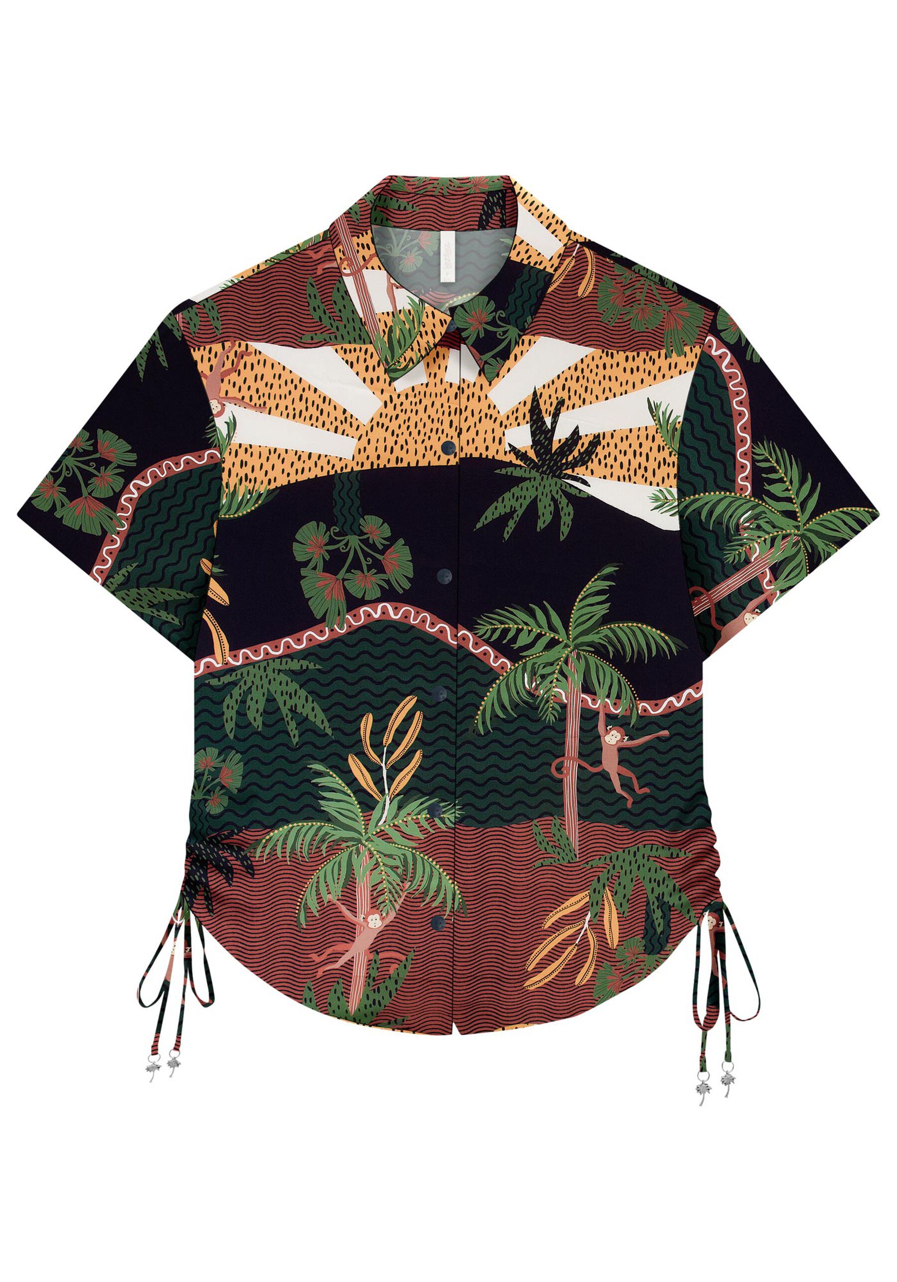 Camisa Manga Curta Viscose com Franzido, TRILHA. Camisa Manga Curta Viscose com Franzido, TRILHA, large.