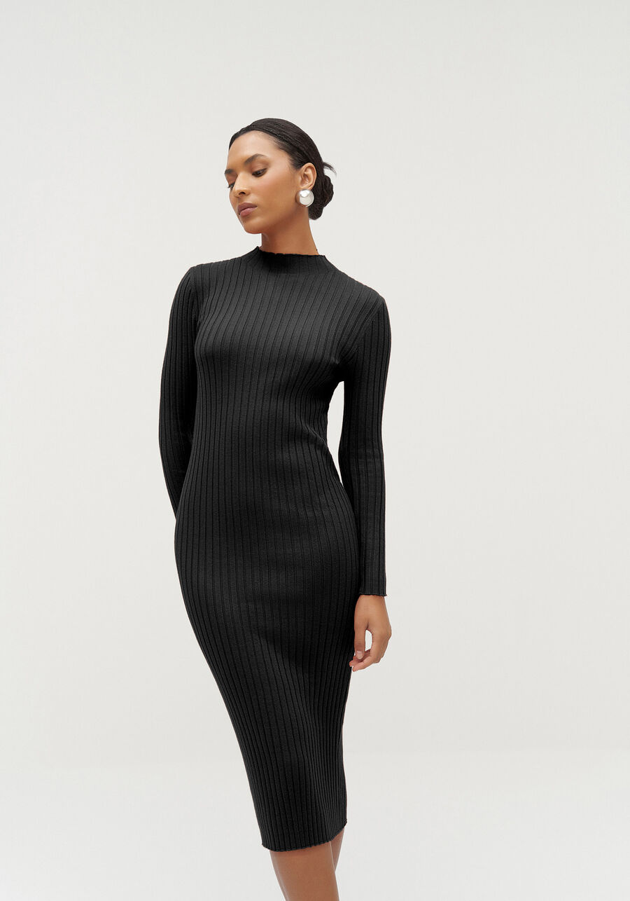 Vestido Midi Tricô Manga Longa, PRETO REATIVO. Vestido Midi Tricô Manga Longa, PRETO REATIVO, large.