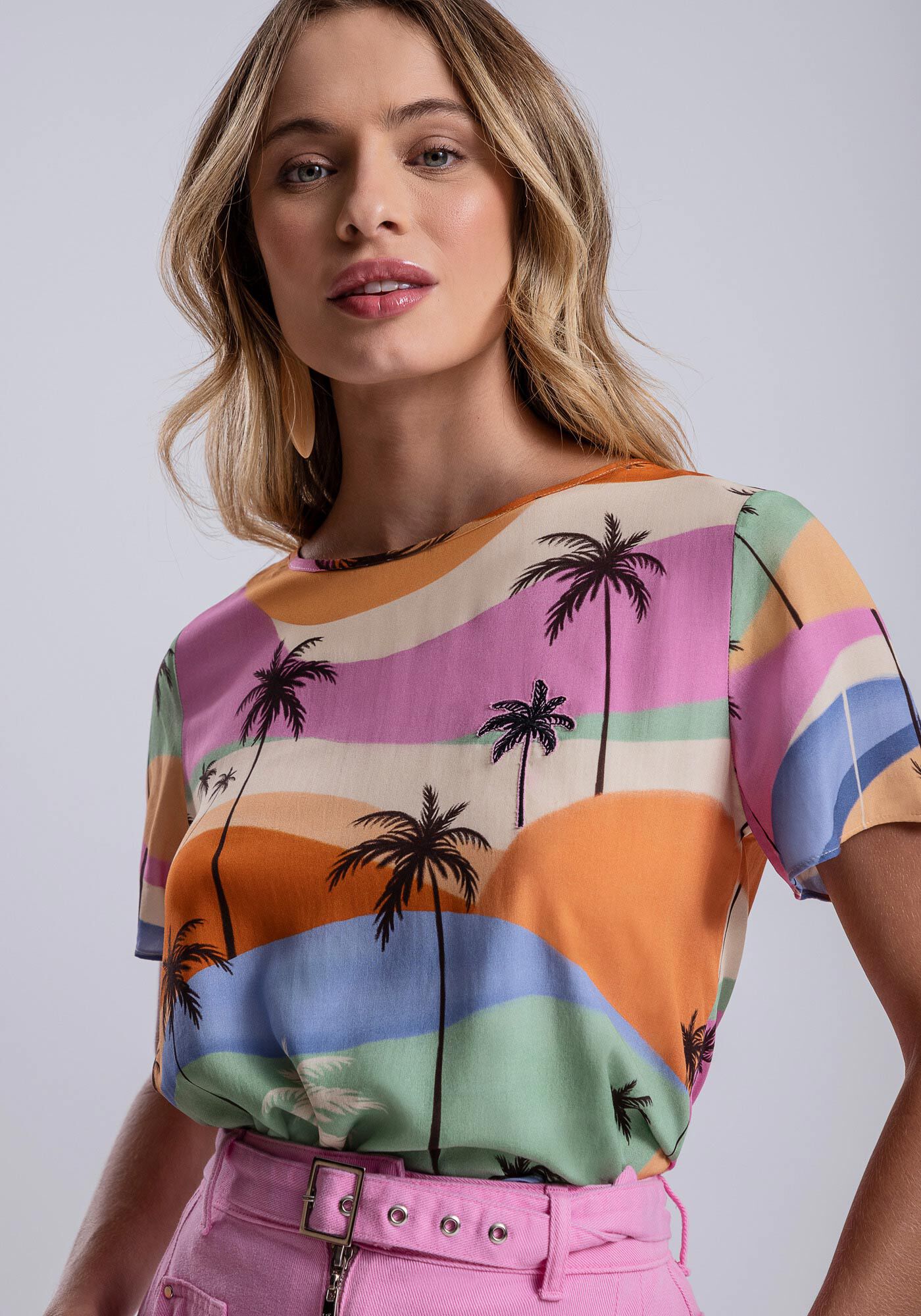 Blusa Manga Curta em Viscose Estampada, VENTO, large.