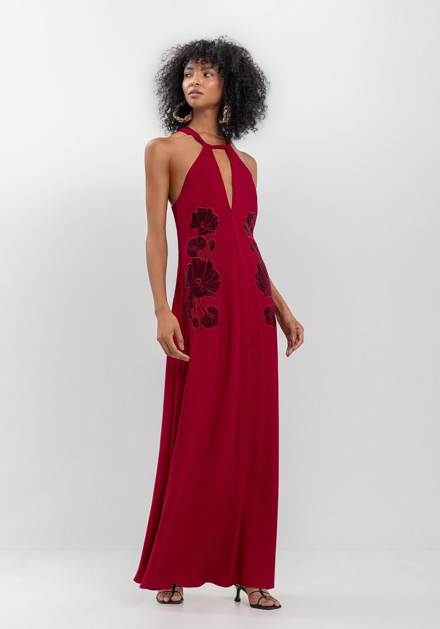 Vestido Longo Com Bordados Frontais Em Crepe De Viscose, VERMELHO FLAMBOYANT. Vestido Longo Com Bordados Frontais Em Crepe De Viscose, VERMELHO FLAMBOYANT, large.