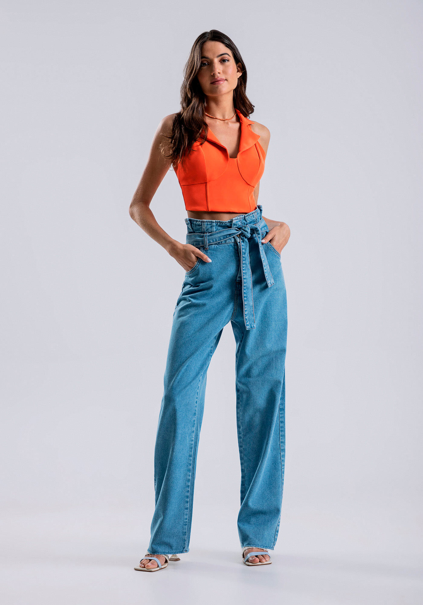 Cal&ccedil;a Jeans Wide Leg Clochard com Faixa, , large.