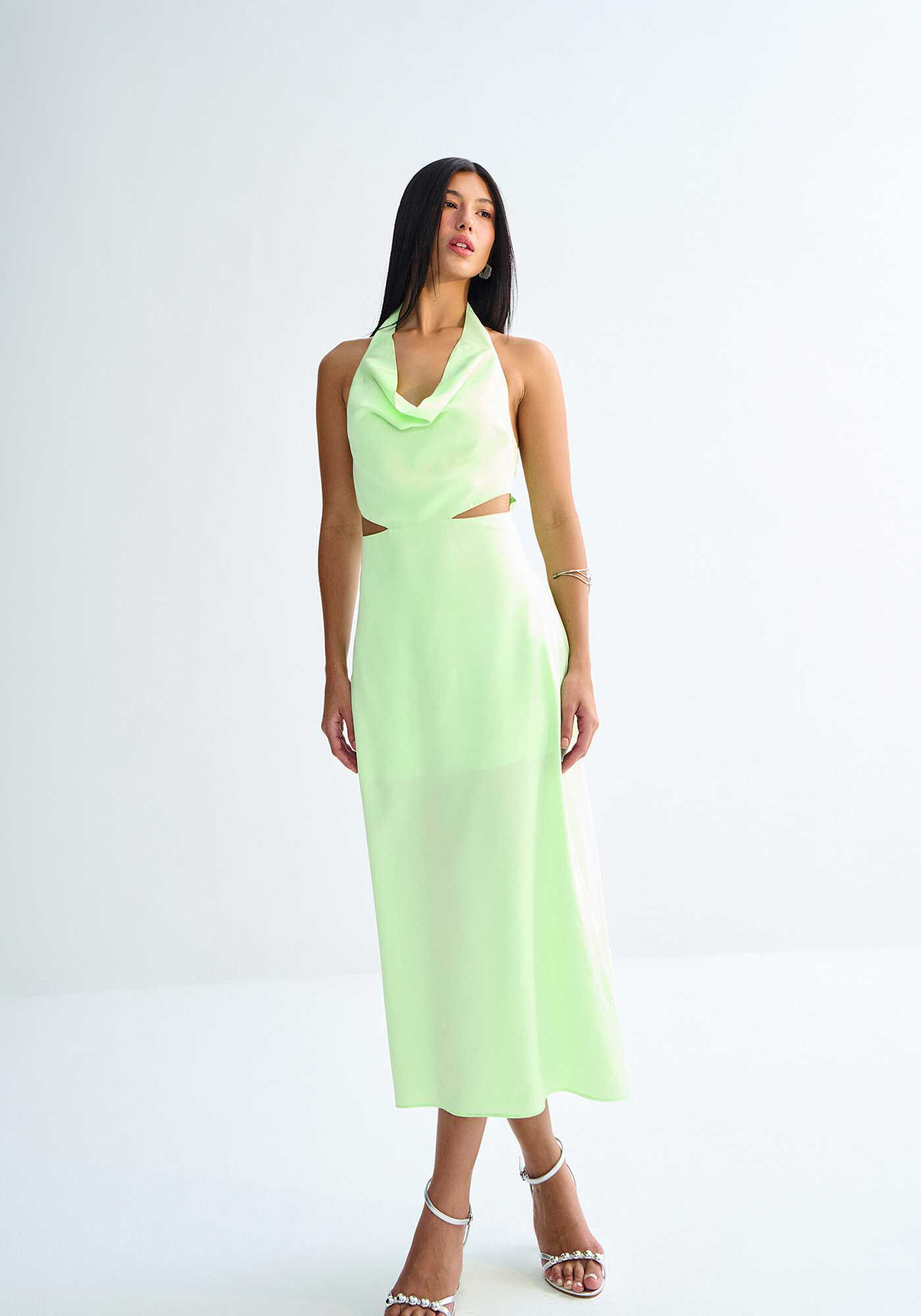 Vestido Midi Frente &Uacute;nica com Decote Degag&ecirc;, VERDE NOW, large.