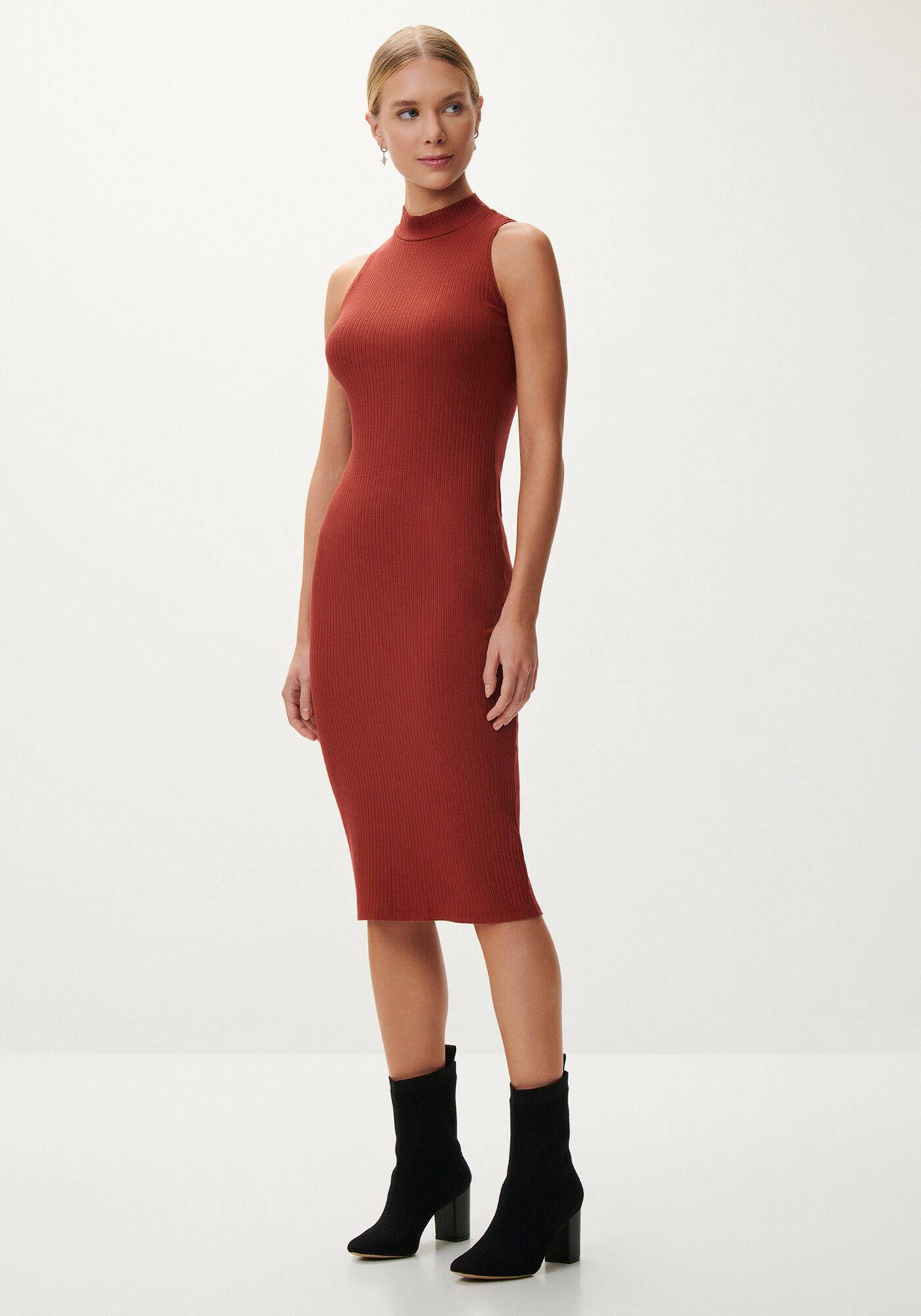 Vestido Midi Canelado com Gola Alta, , large.