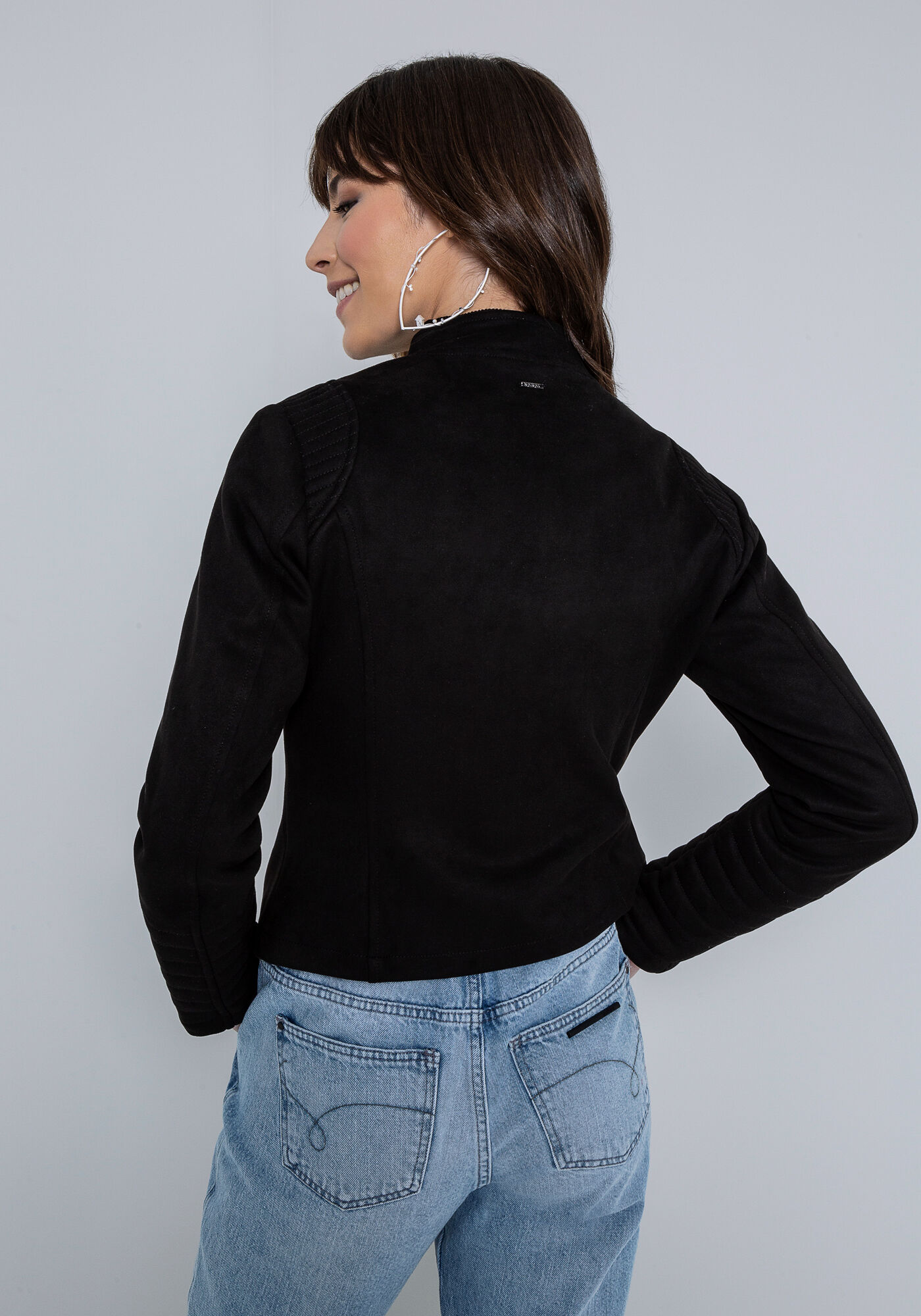 Jaqueta em Tecido com Z&iacute;per e Costuras, PRETO REATIVO, large.