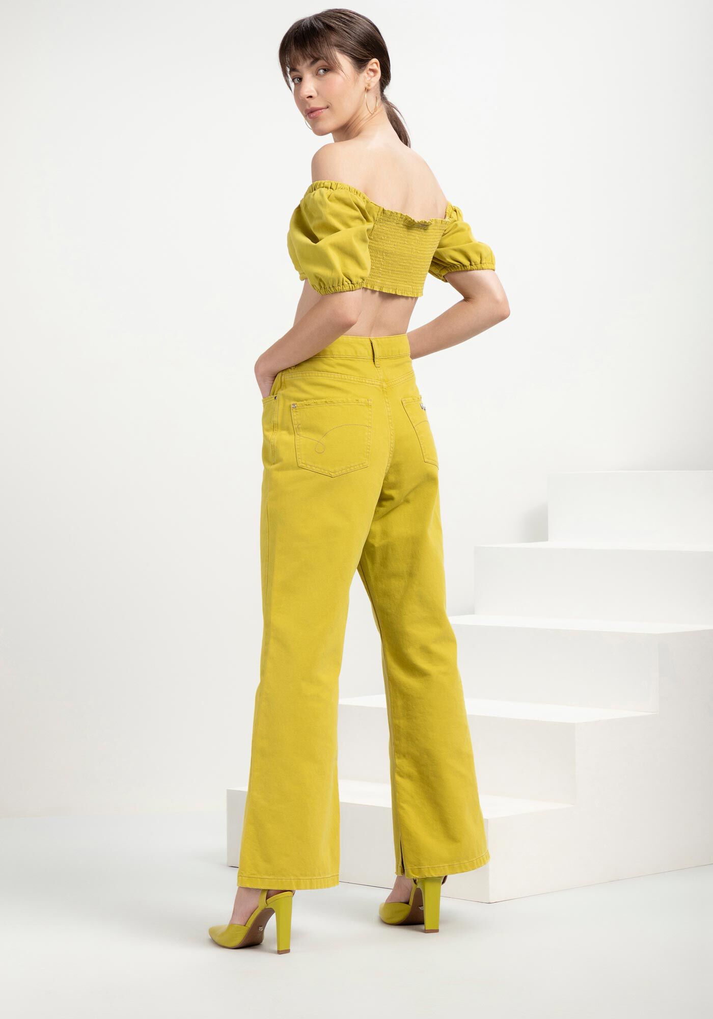 Blusa Sarja Cropped com Manga Bufante, , large.