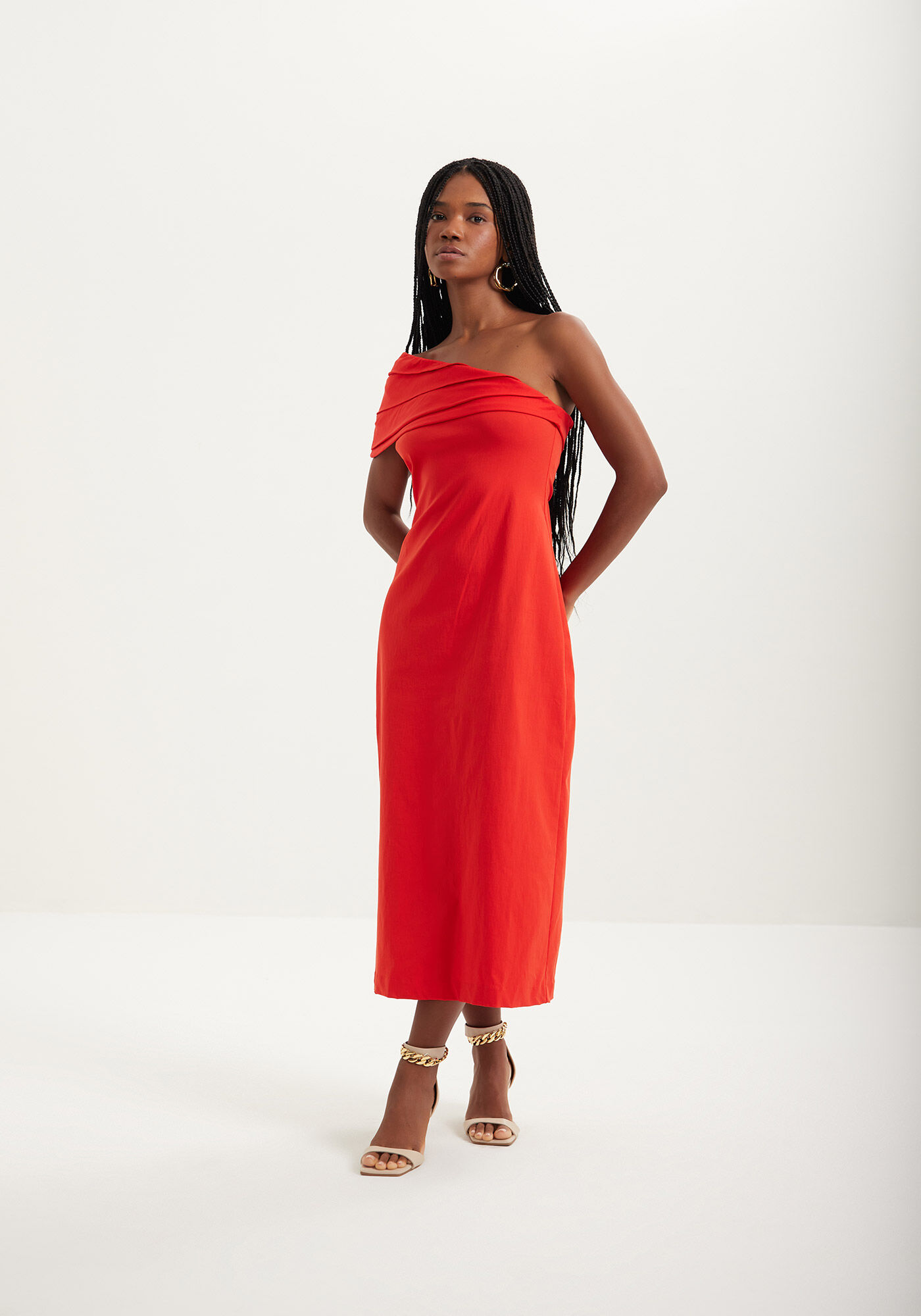 Vestido Midi Ch&aacute; De Um Ombro S&oacute; Em Bengaline Com Fenda, , large.