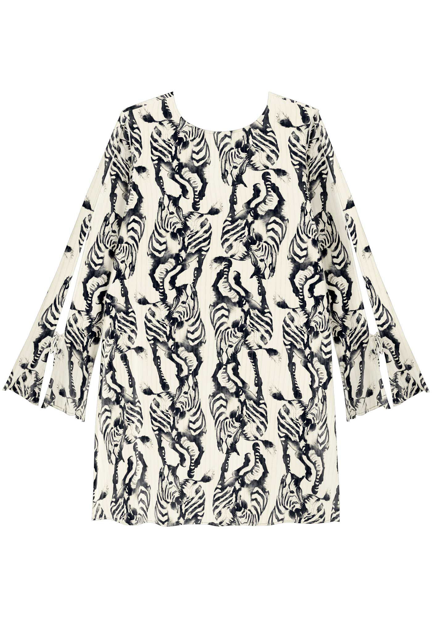 Vestido Curto Estampado De Mangas Longas Com Amarra&ccedil;&otilde;es, ZEBRA PLISSE BEGE, large.