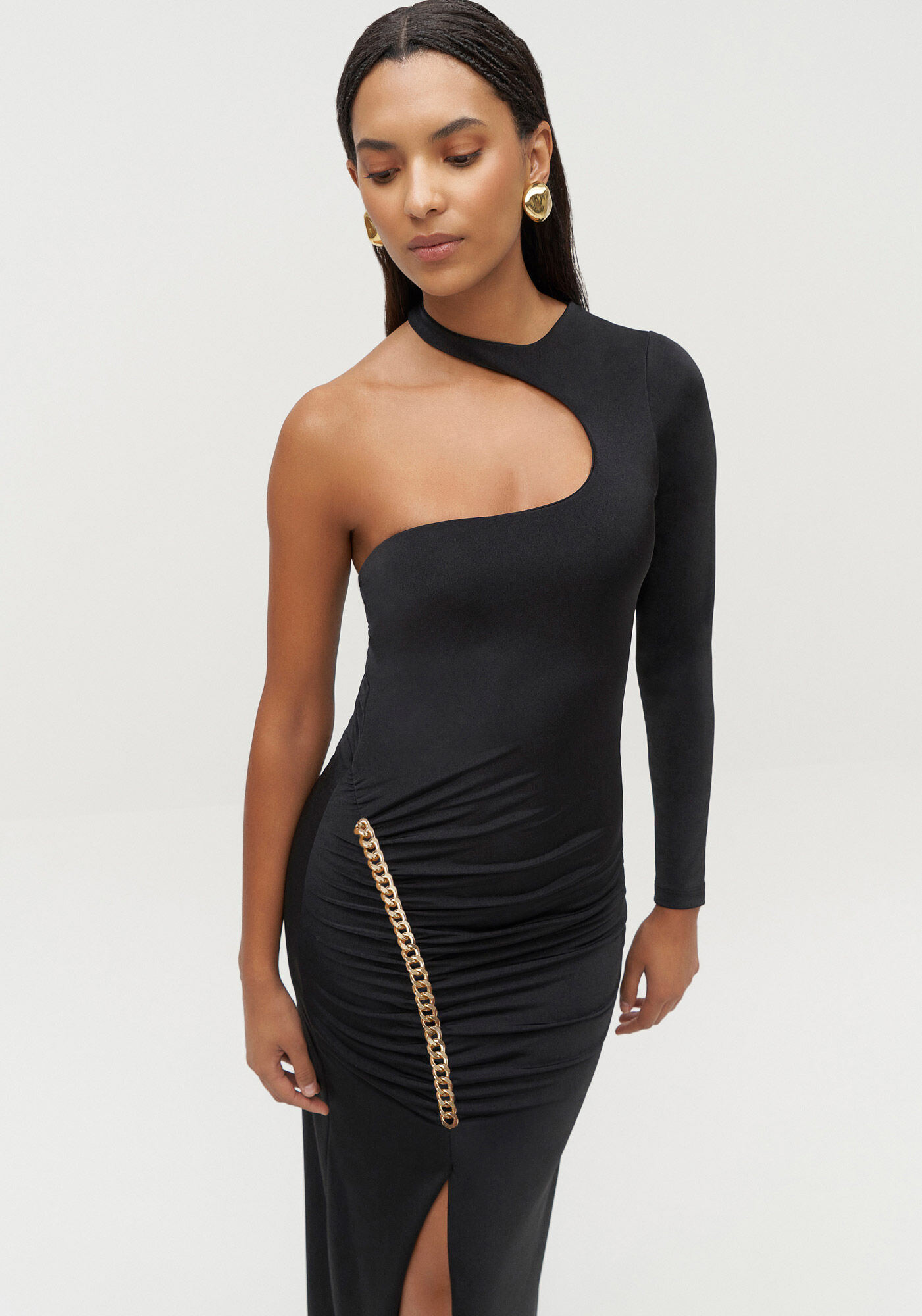 Vestido Longo Ombro S&oacute; Assim&eacute;trico com Fenda, PRETO REATIVO, large.