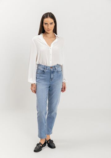 Calça Mom Jeans Comfort Com Cintura Alta E Bolsos, JEANS. Calça Mom Jeans Comfort Com Cintura Alta E Bolsos, JEANS, large.
