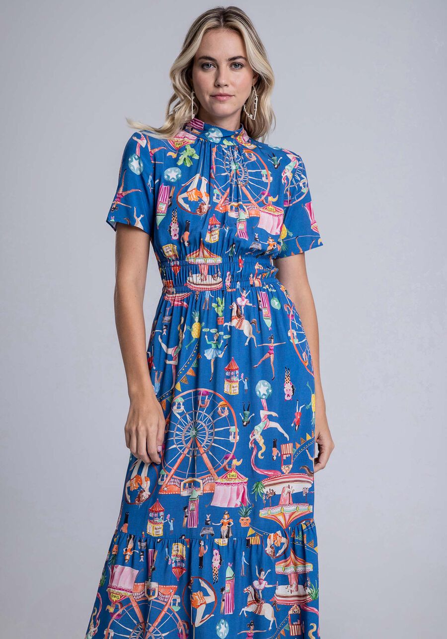 Vestido Midi Estampado em Viscose com Gola Laço, . Vestido Midi Estampado em Viscose com Gola Laço, , large.