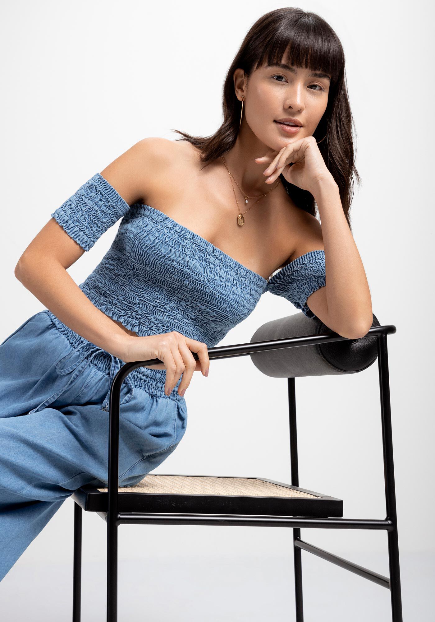 Blusa Jeans Cropped Ombro a Ombro, JEANS, large.