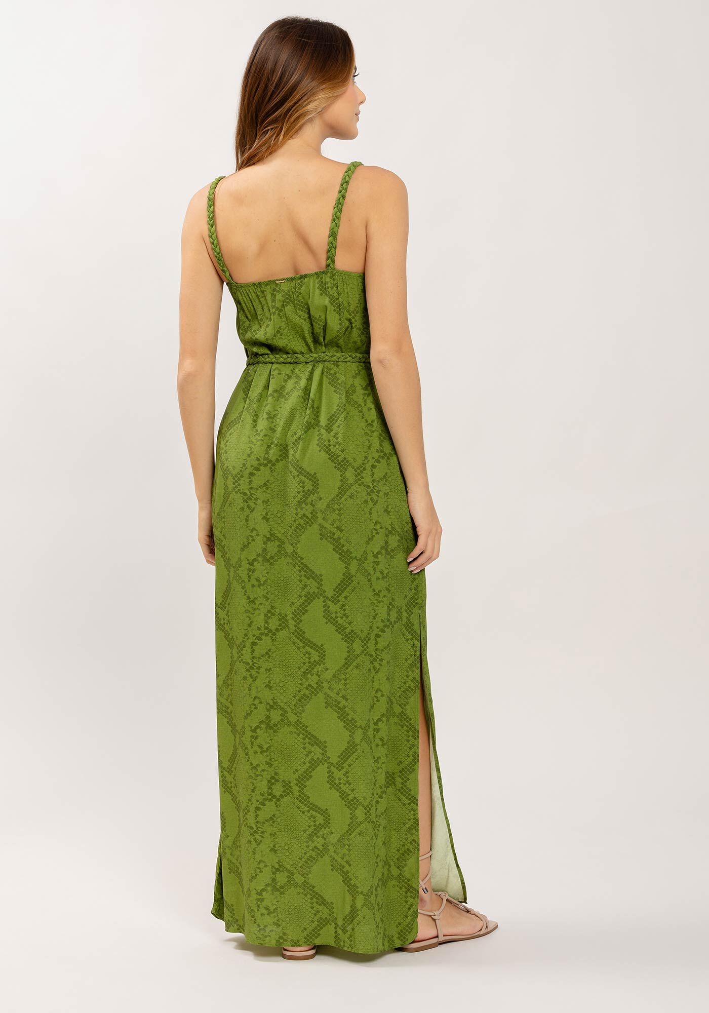 Vestido Midi Ch&aacute; em Viscose Estampado com Cinto, , large.