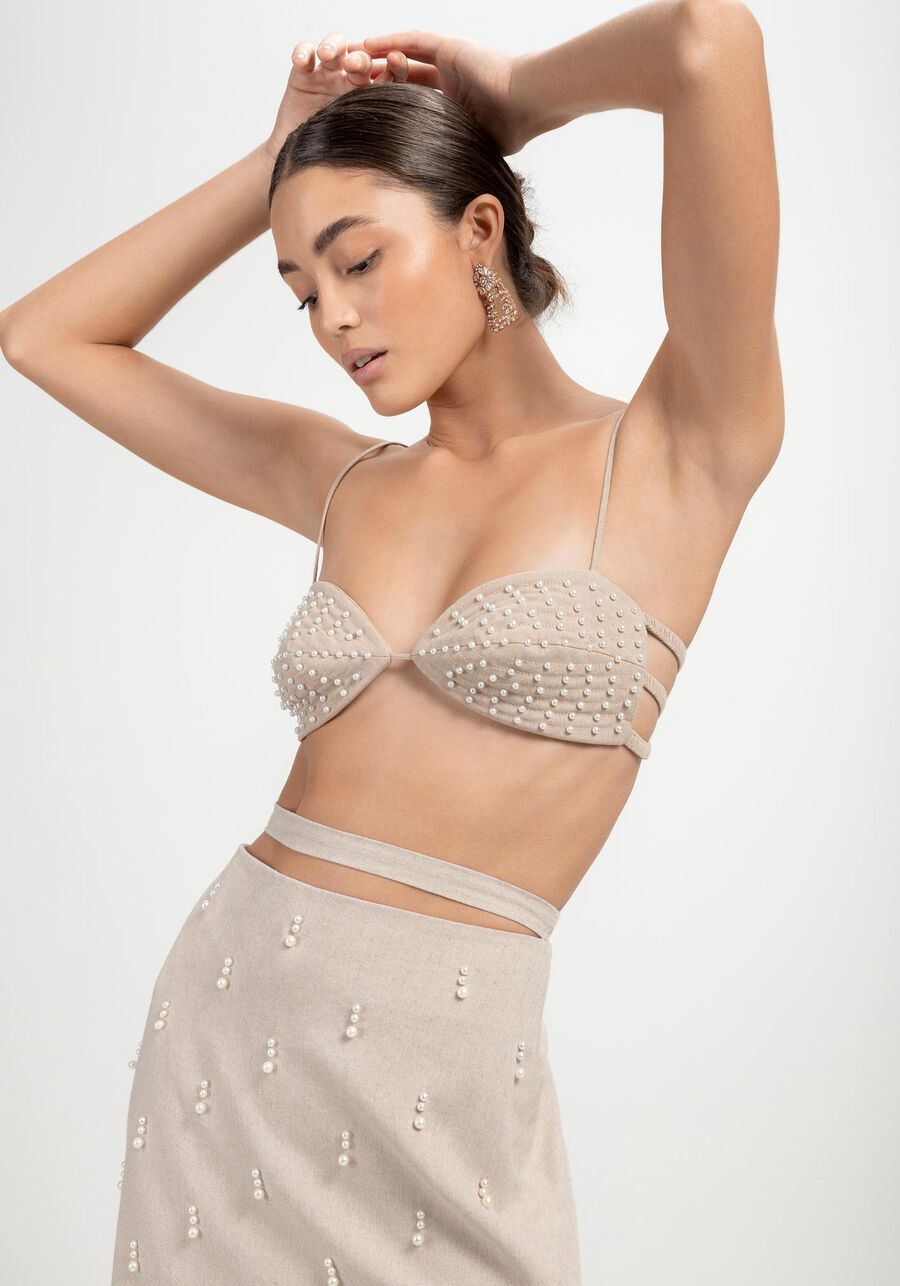 Top com Al&ccedil;as em Linho com P&eacute;rolas, BEGE OR FIV, large.