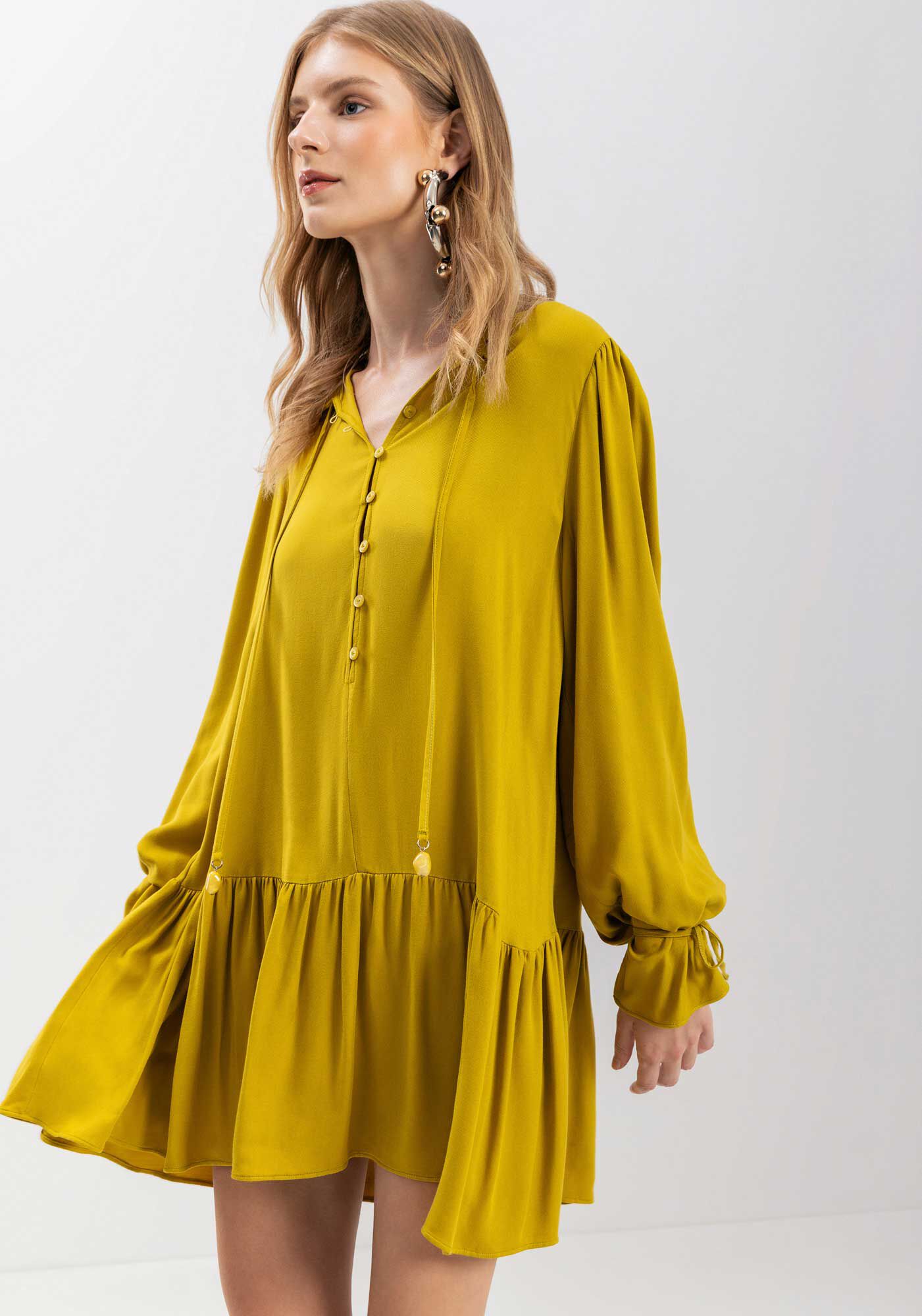 Vestido Curto De Manga Longa Com Babados E Amarra&ccedil;&otilde;es, , large.