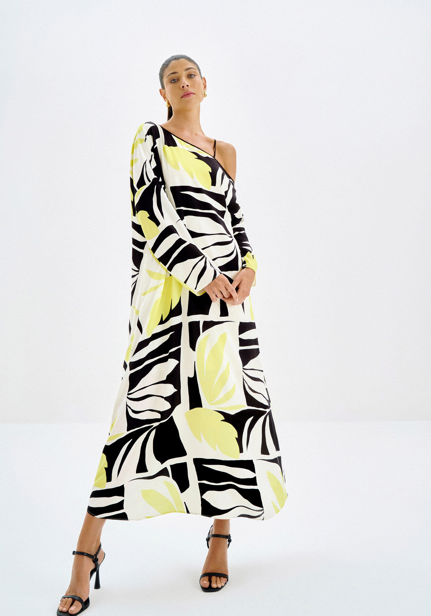 Vestido Midi Estampado com Decote Assim&eacute;trico, LENCO, large.