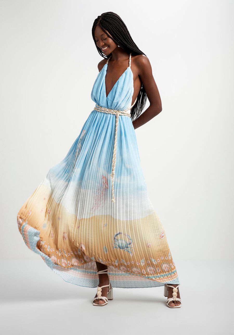 Vestido Longo Plissado com Alças Corda, MILLOR. Vestido Longo Plissado com Alças Corda, MILLOR, large.