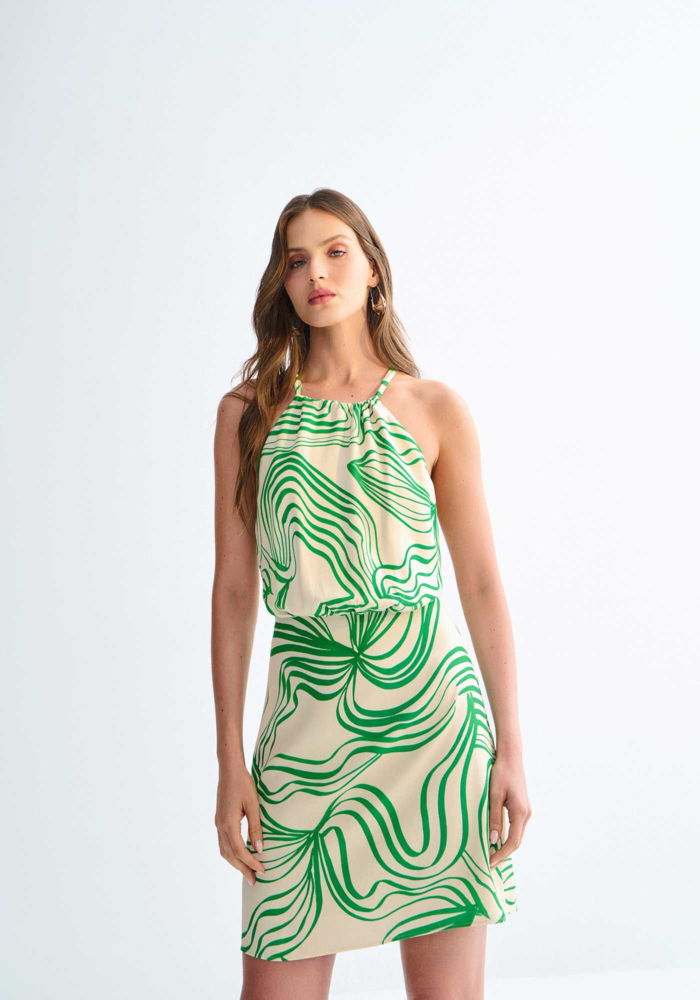 Vestido Curto Estampado em Crepe com Detalhe Costas, , large.