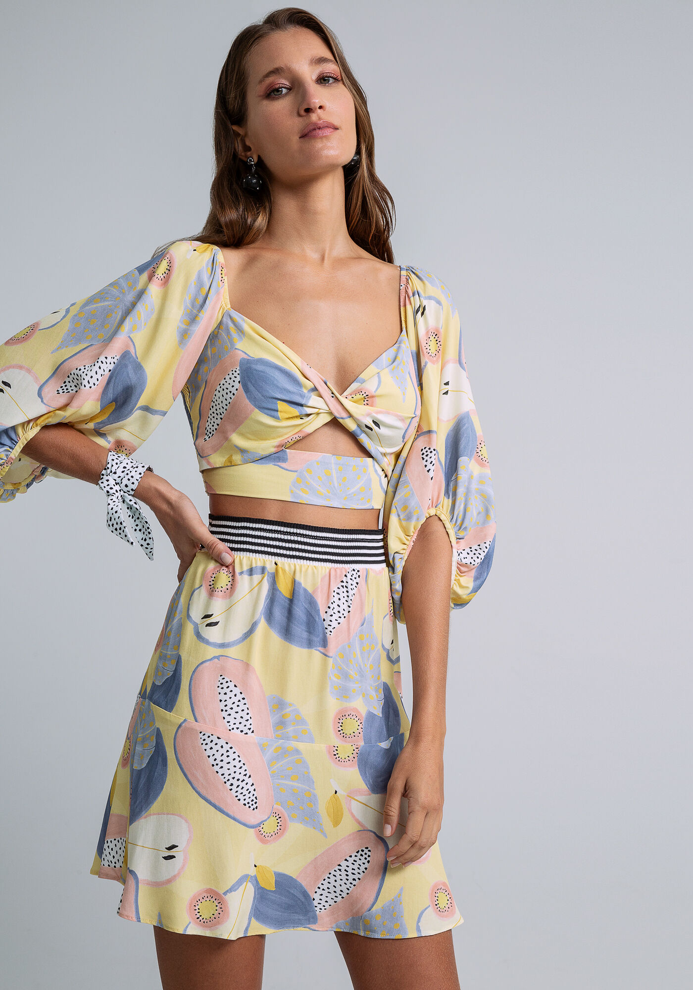 Saia Cintura Alta Babado Estampada, FRESCOR, large.