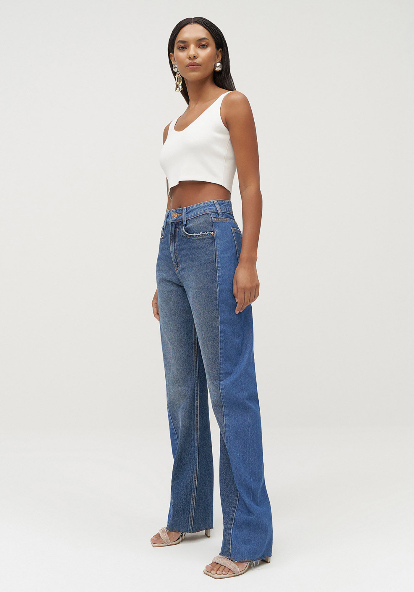 Cal&ccedil;a Jeans Reta Cintura Alta com Recortes Duo, JEANS, large.