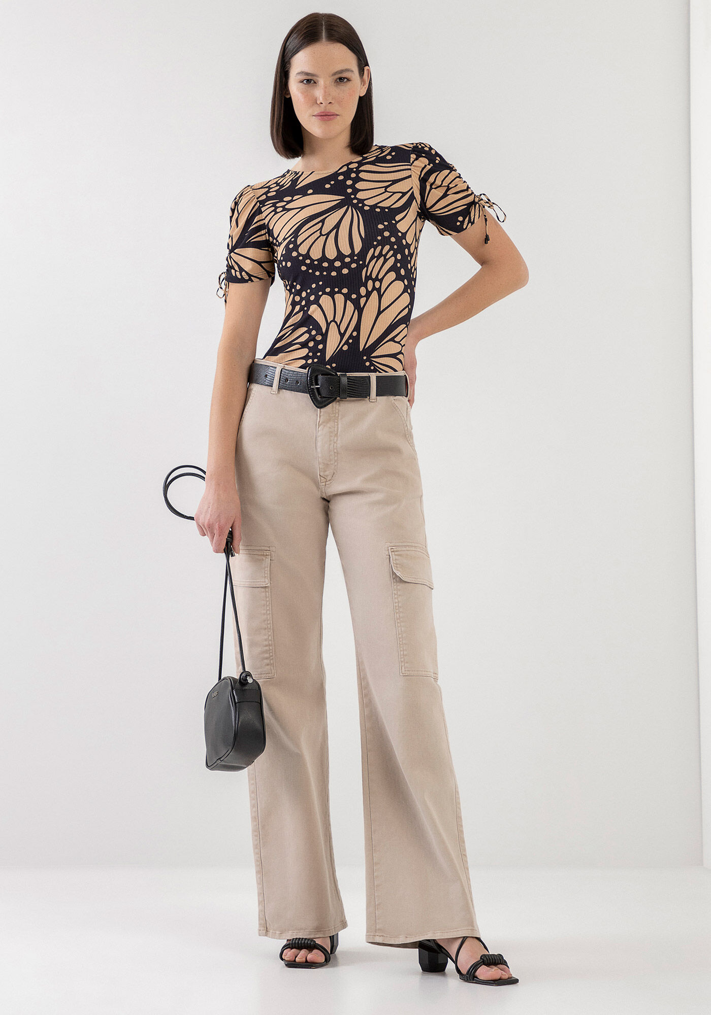 Cal&ccedil;a Sarja Wide Leg Cargo Estonado, BEGE GINGER, large.