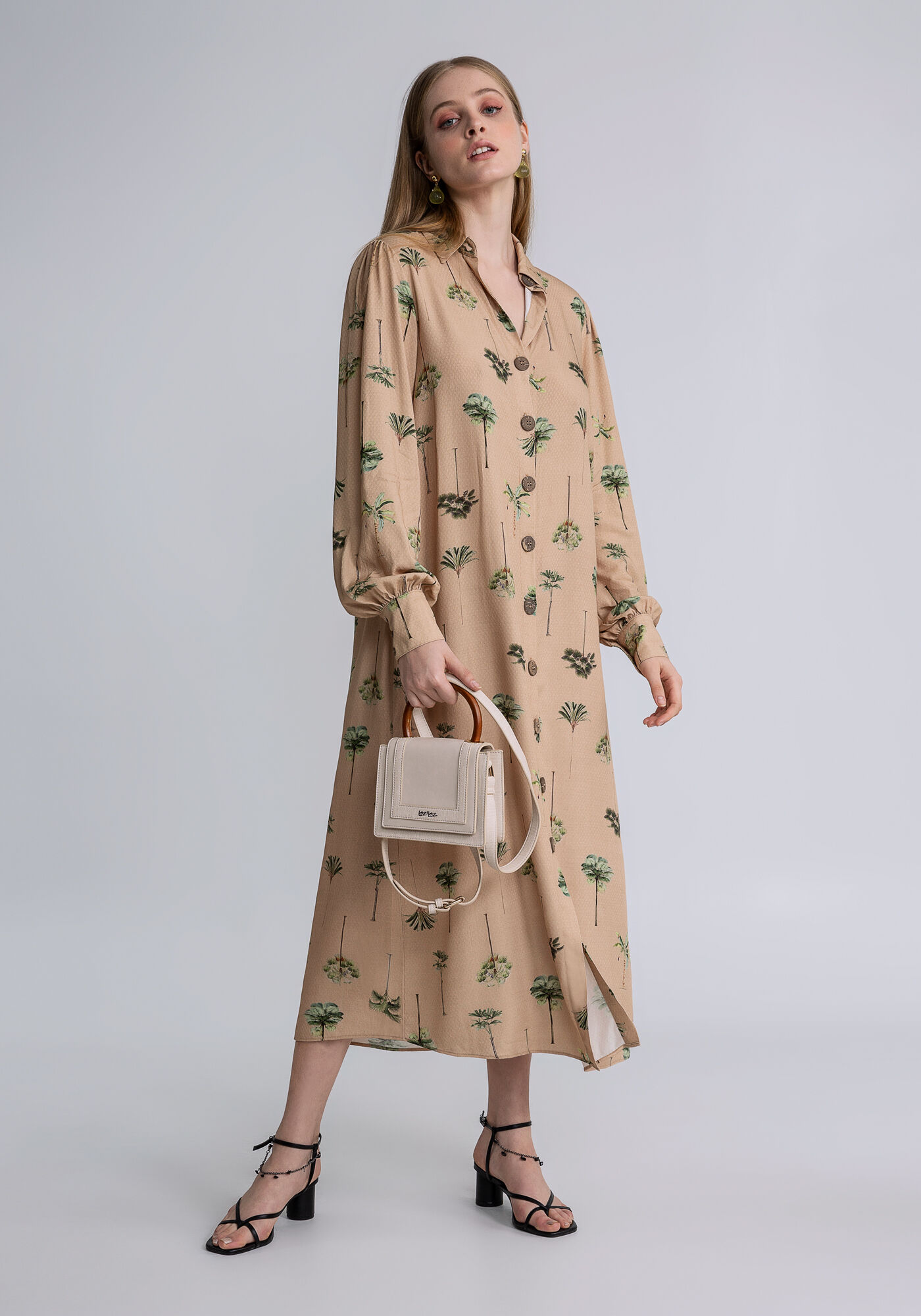 Vestido Chemise Midi Cinto Estampado, ARVOREDO, large.